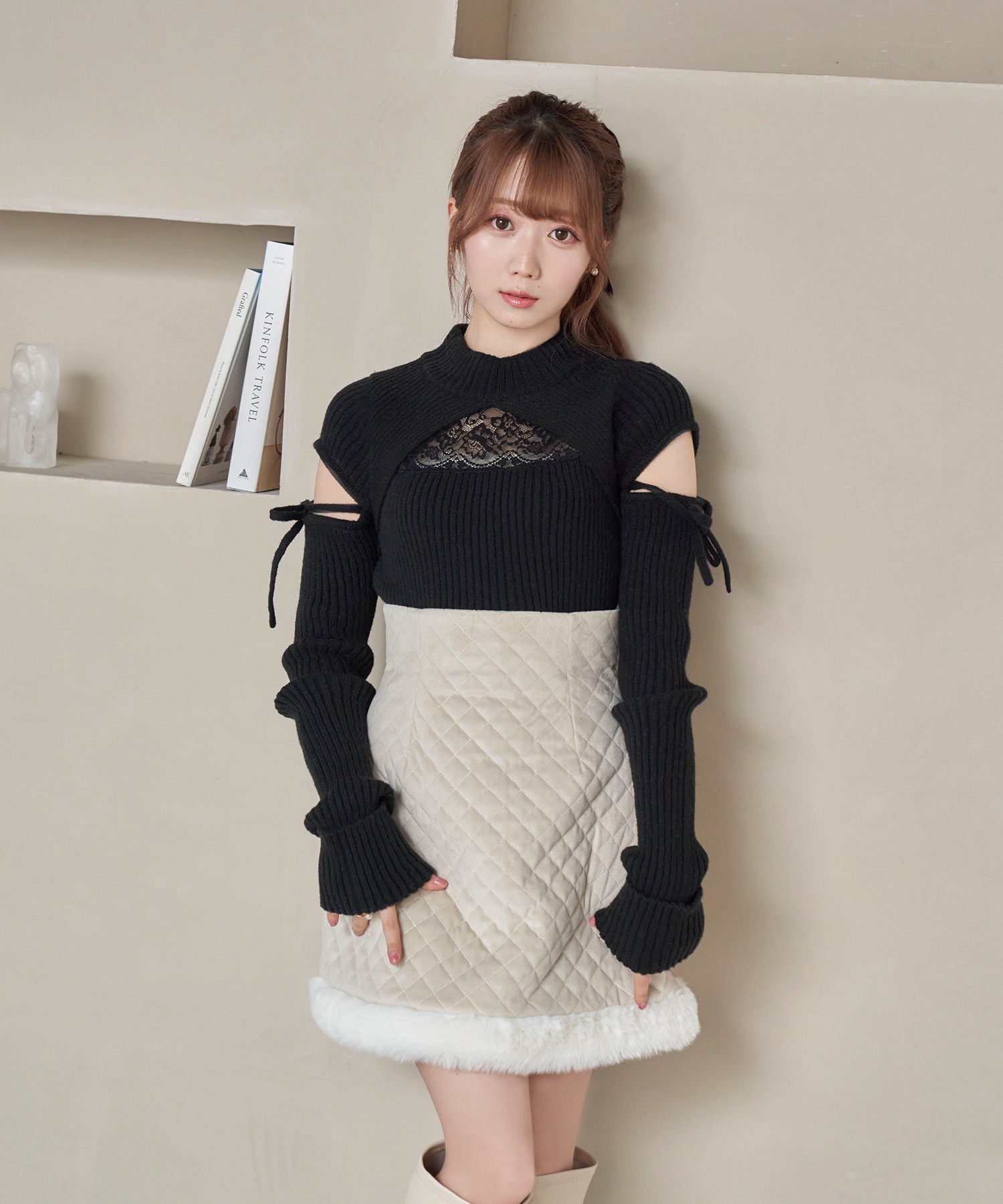 Quilting fake fur mini skirt