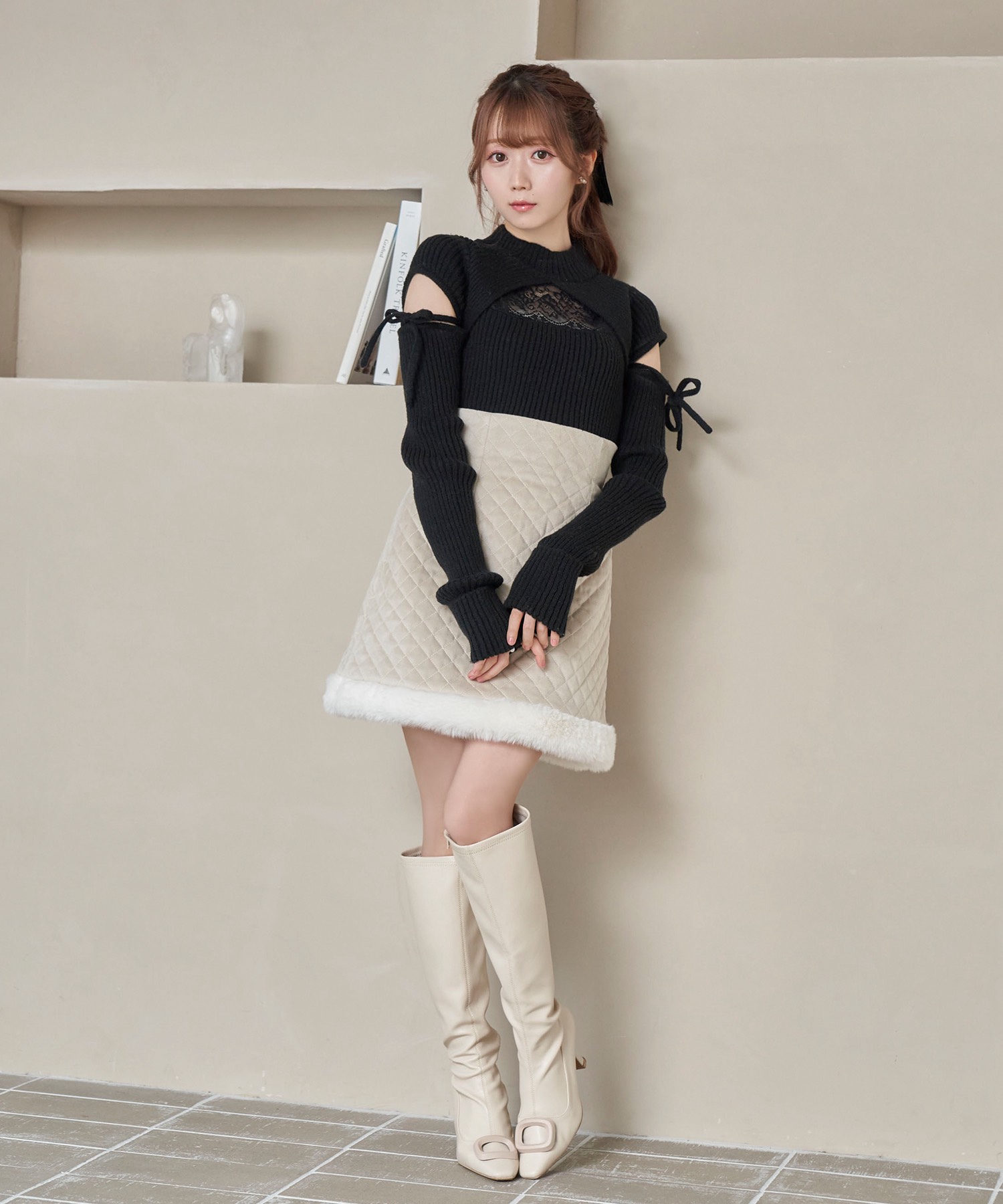 Quilting fake fur mini skirt