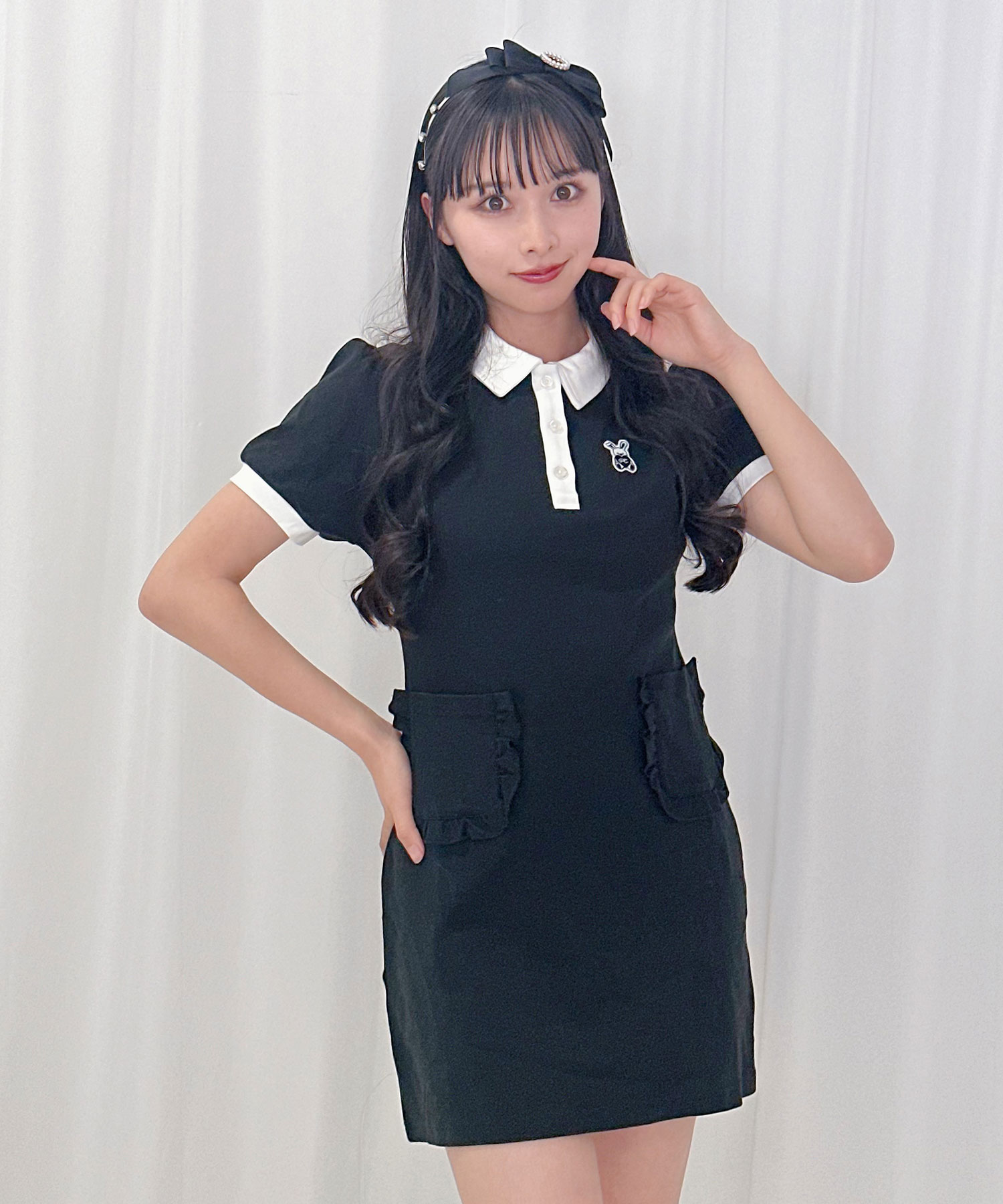 ピンク フリル付き ポロワンピース DearMyLoveRose ワンピース 配色角襟フリルタックワンピース