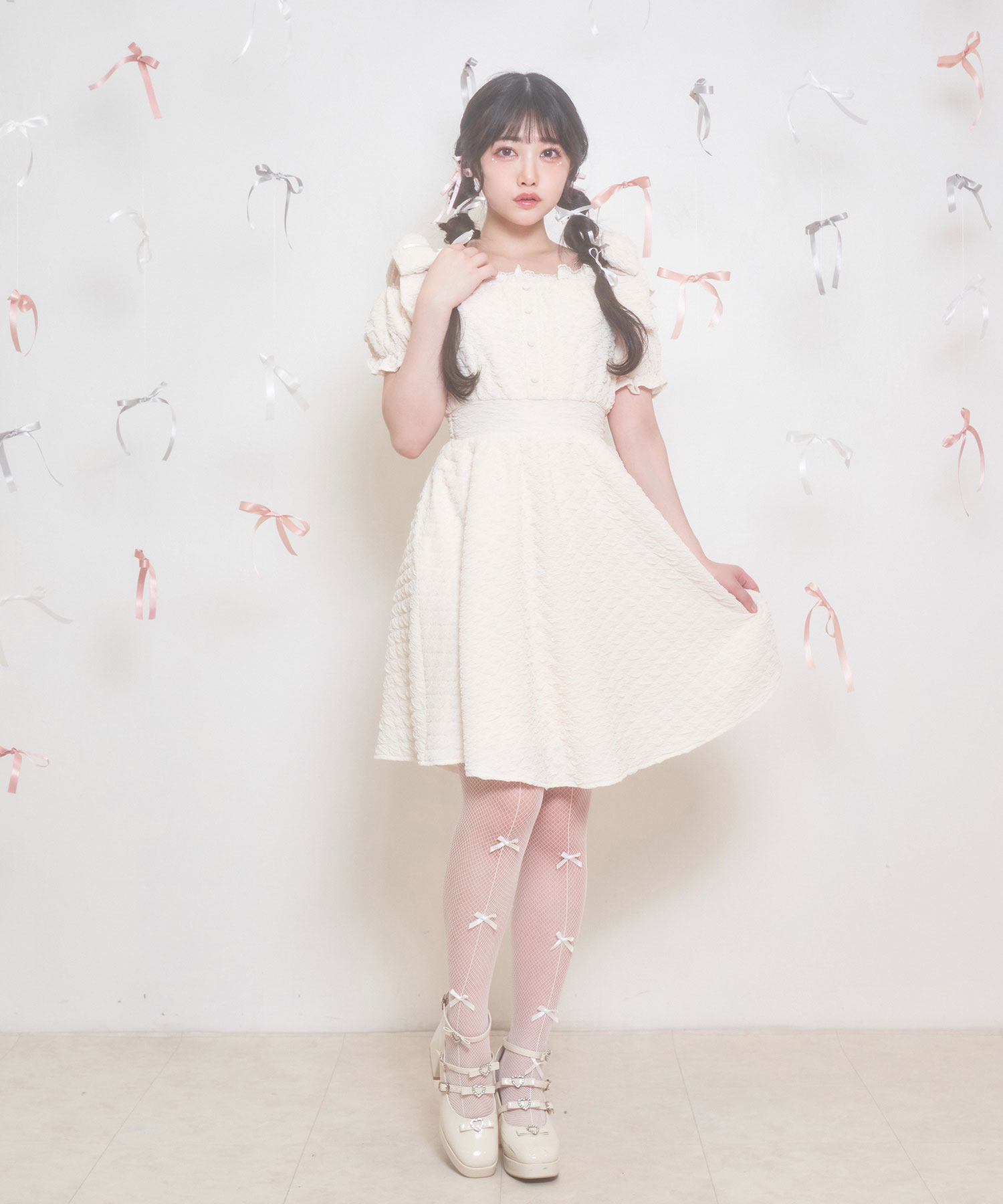 肩リボンストレッチワンピース