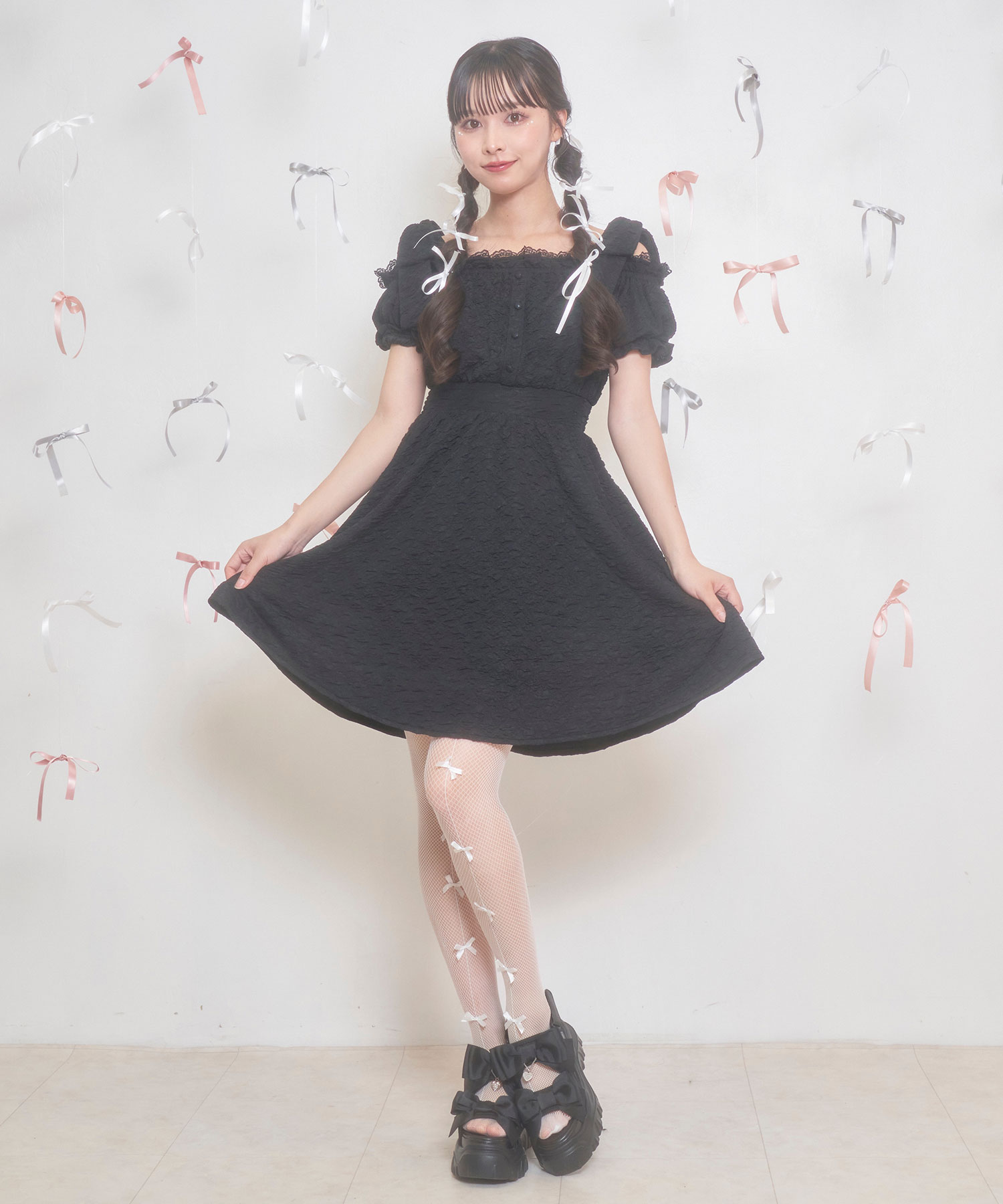 肩リボンストレッチワンピース