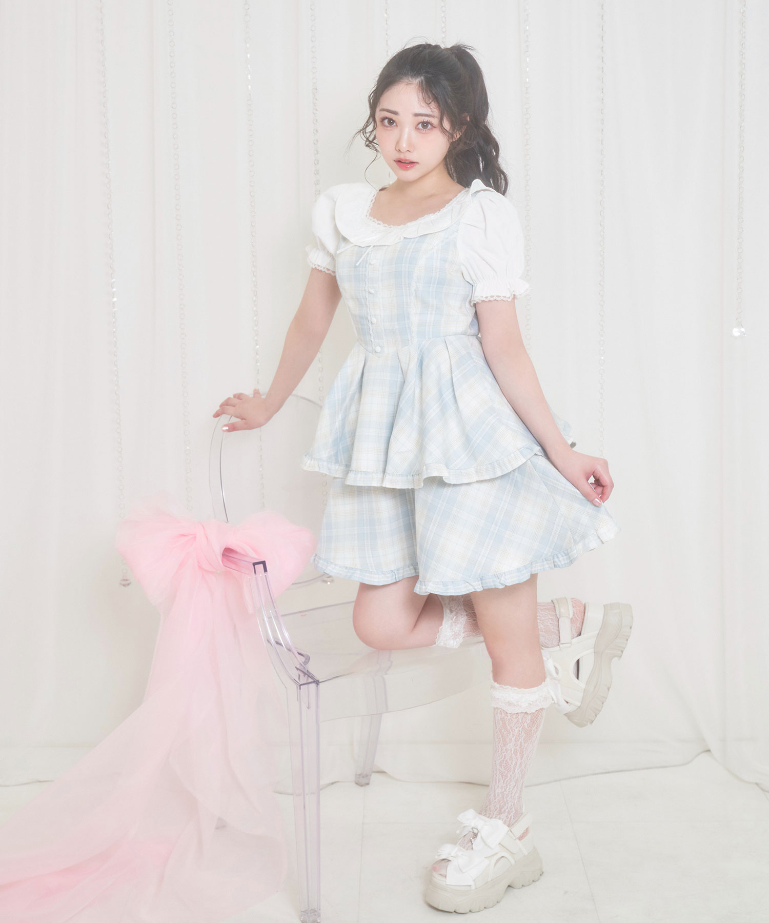 Honey Cinnamon スカート ワンピース ブラウス Honey Cinnamon ビジューリボンブラウス タックフレアスカート