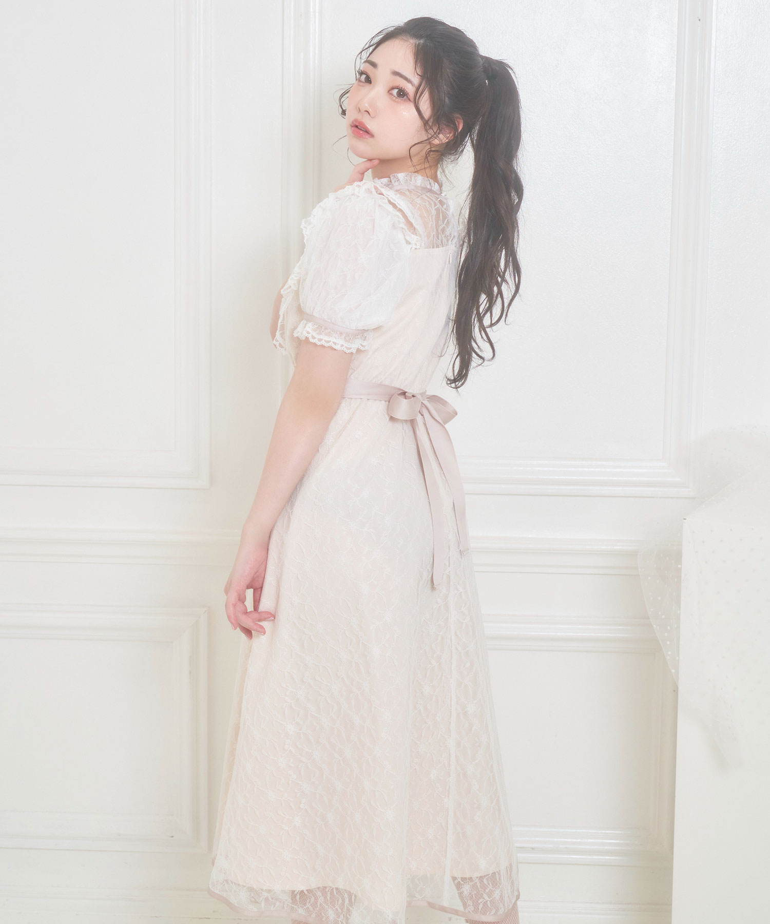 配色リボン総レースロングワンピース