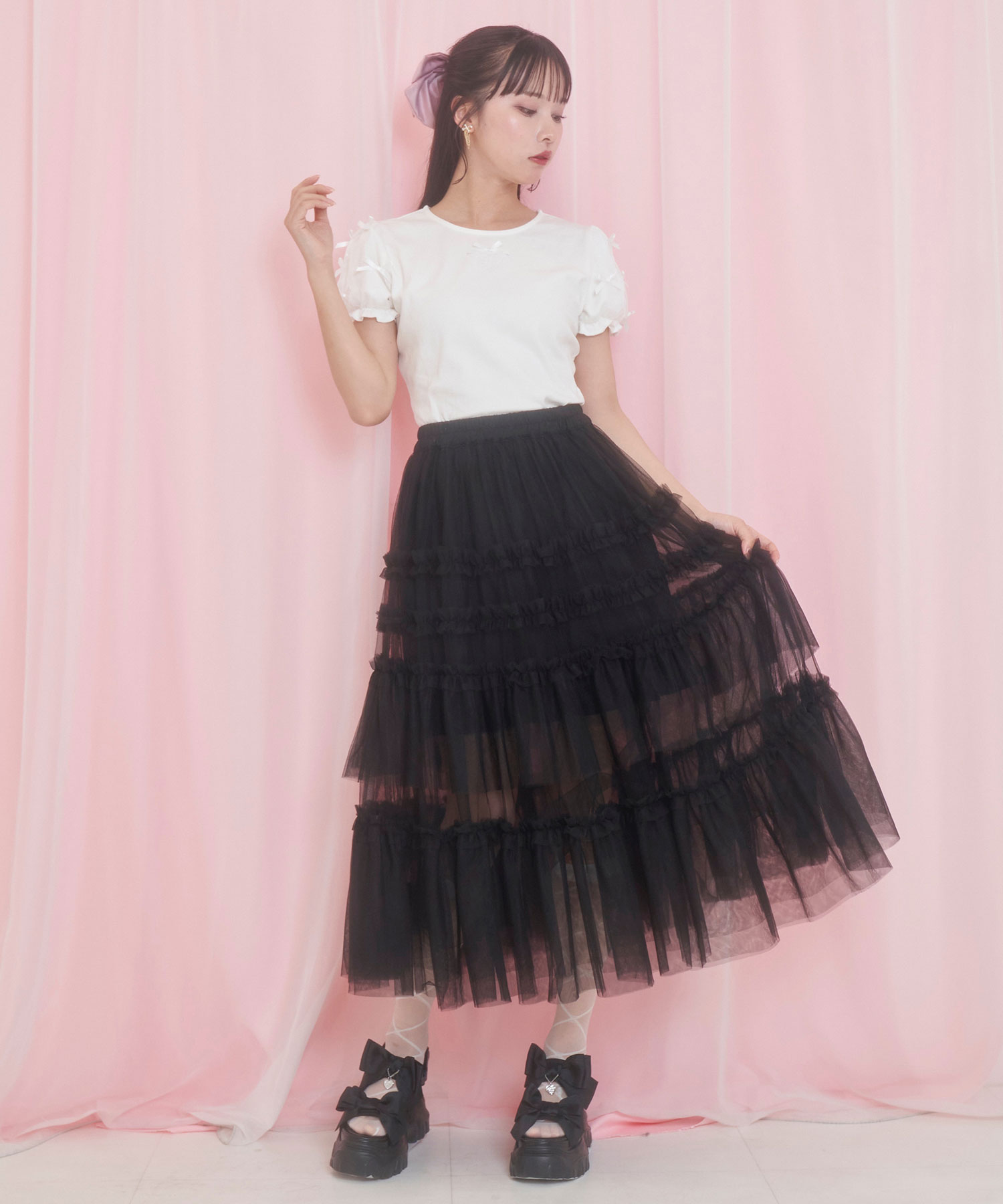 チュール袖リボンTシャツ