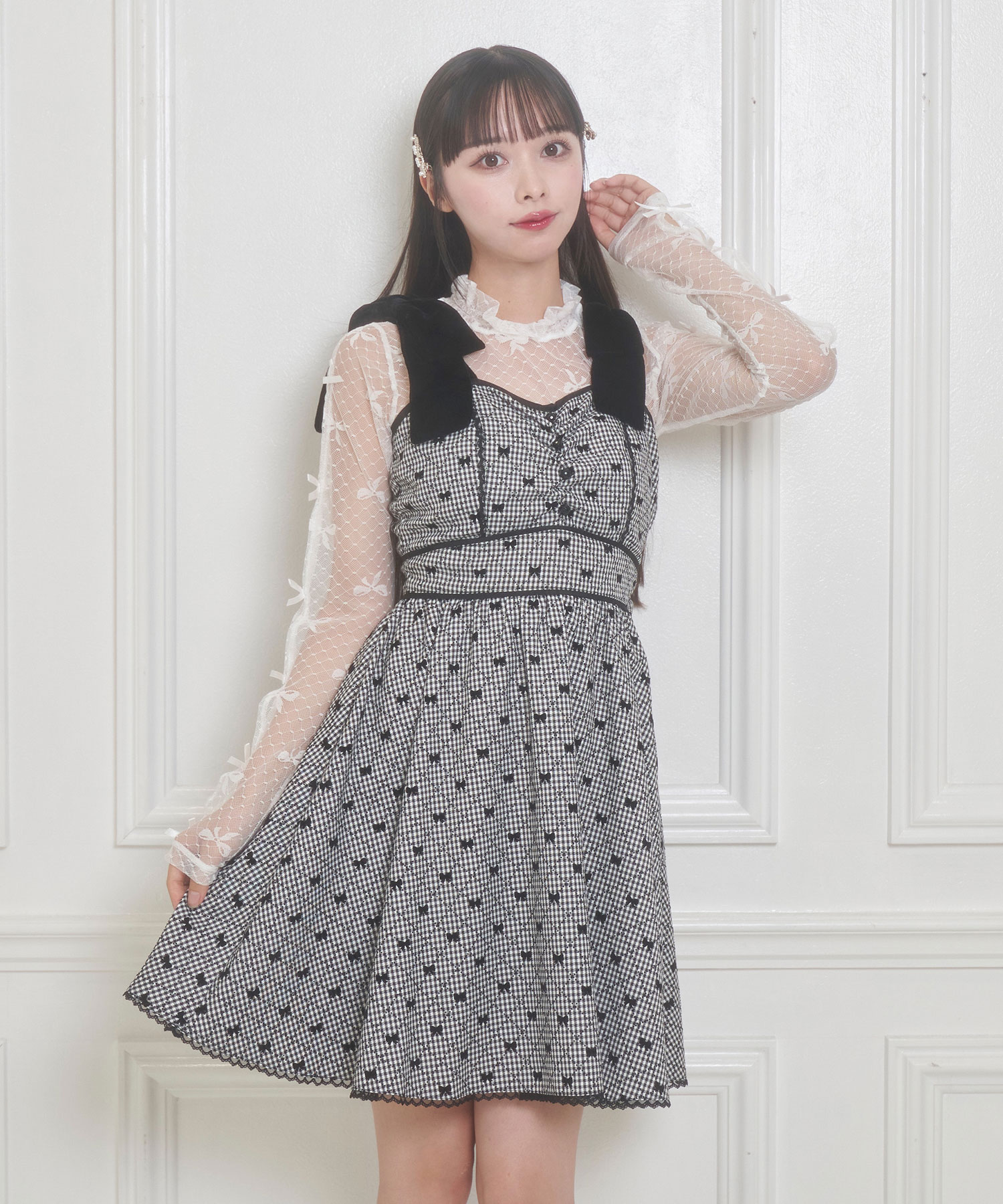 肩リボンパイピングジャンパースカート