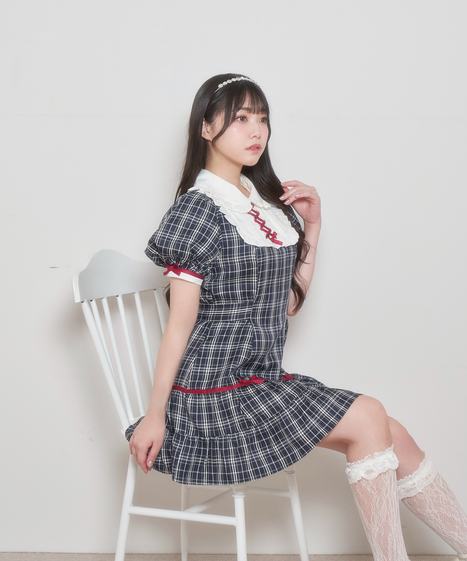 ポイントリボンチェックワンピース