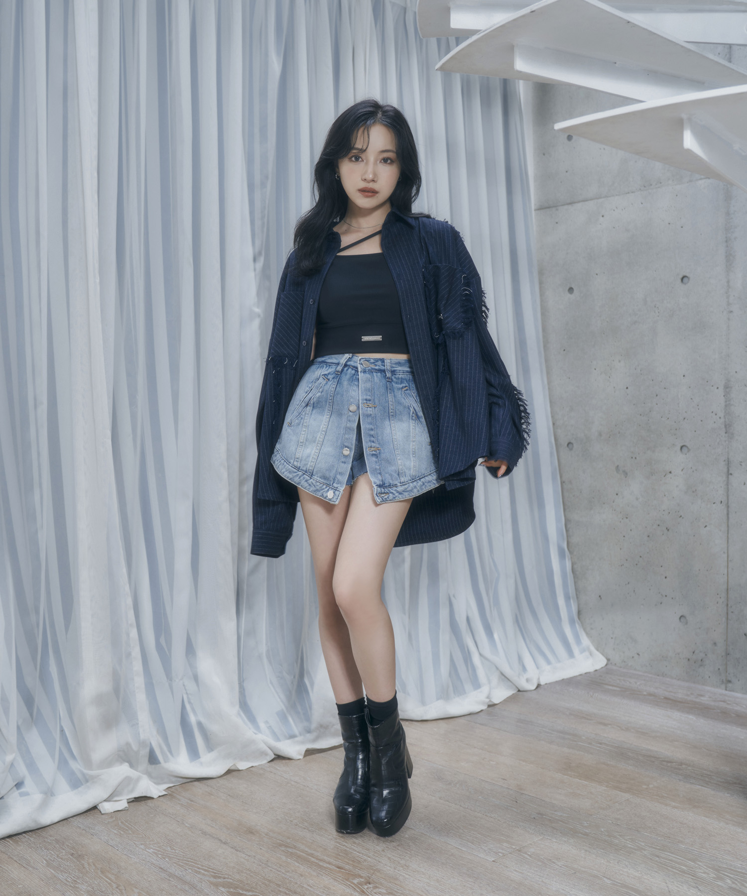 UNISEX フリンジストライプシャツ