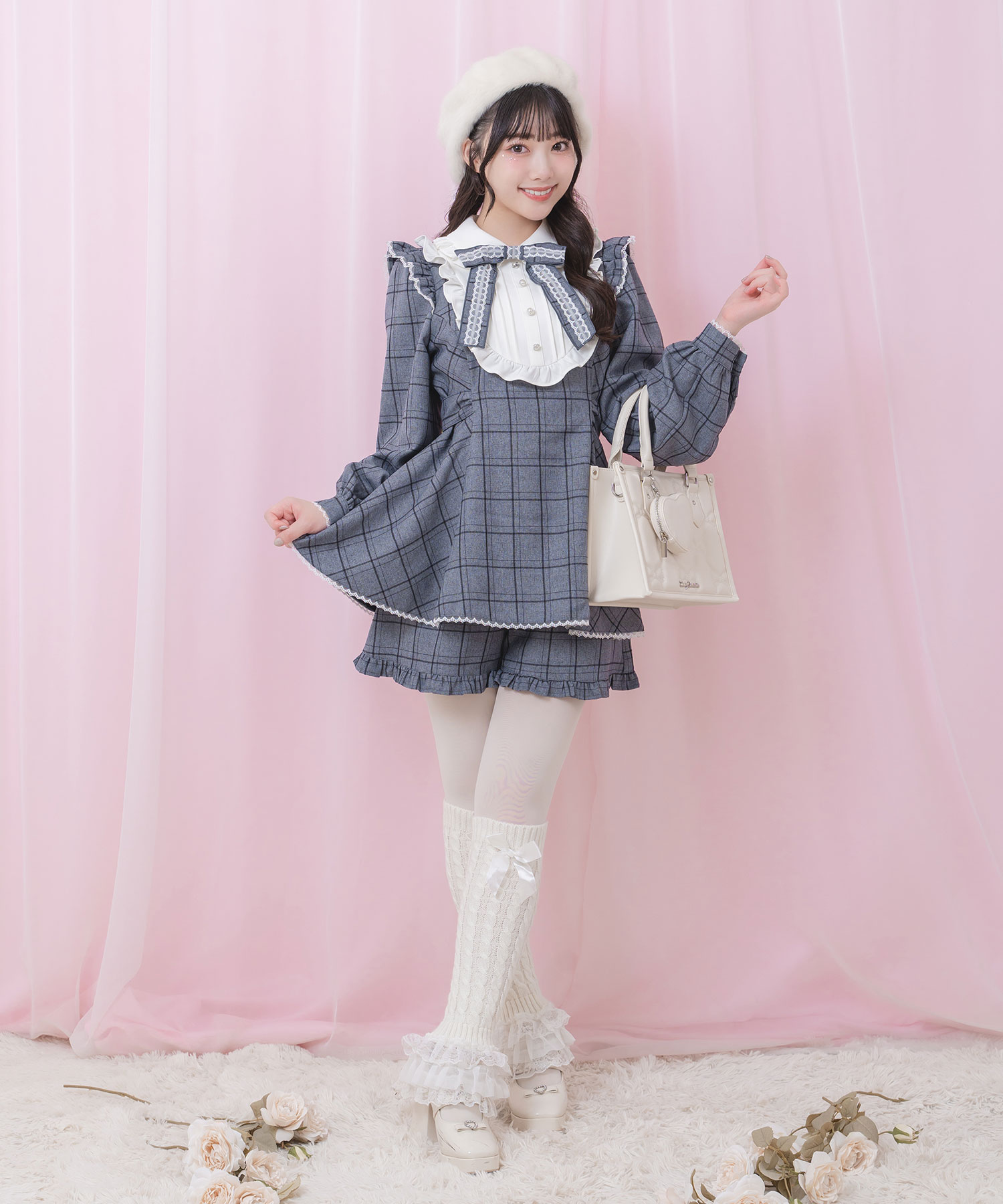 ハートポーチ付きリボンキルティングトート