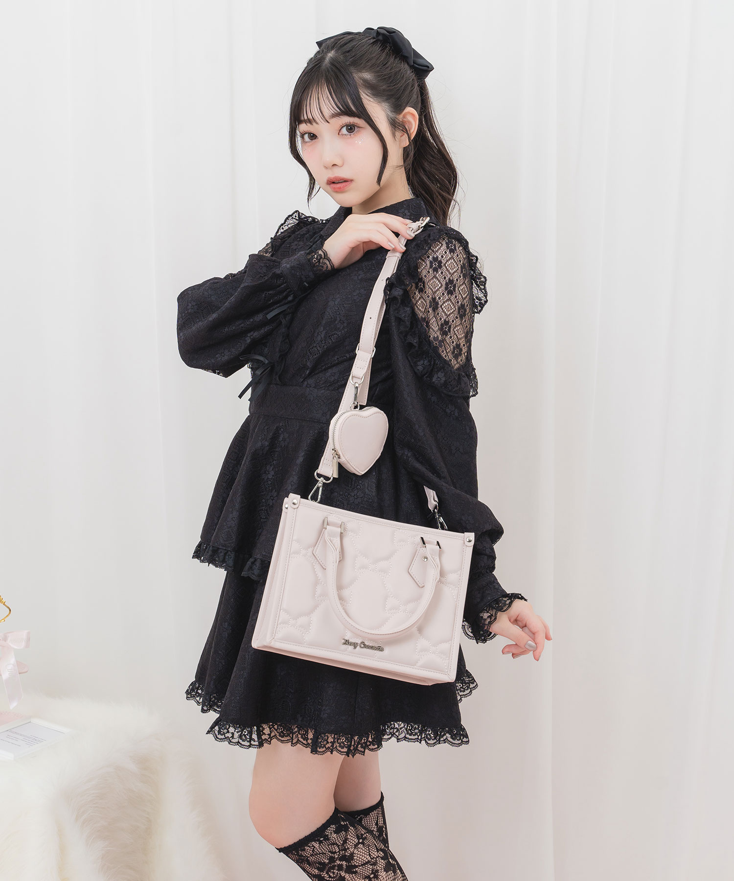 ハートポーチ付きリボンキルティングトート