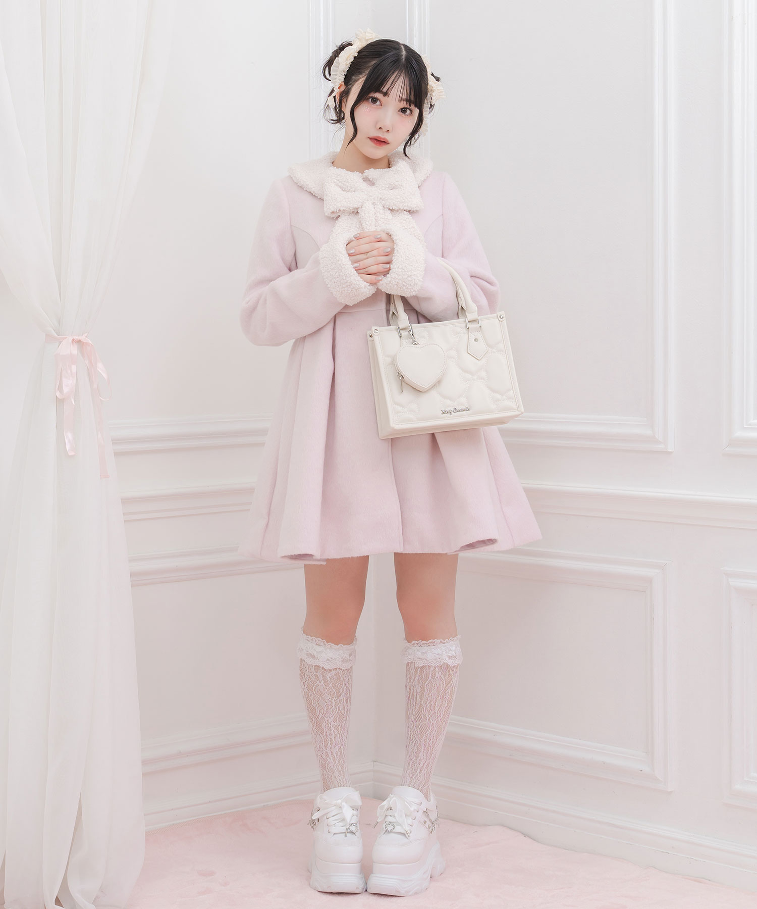 ハートポーチ付きリボンキルティングトート