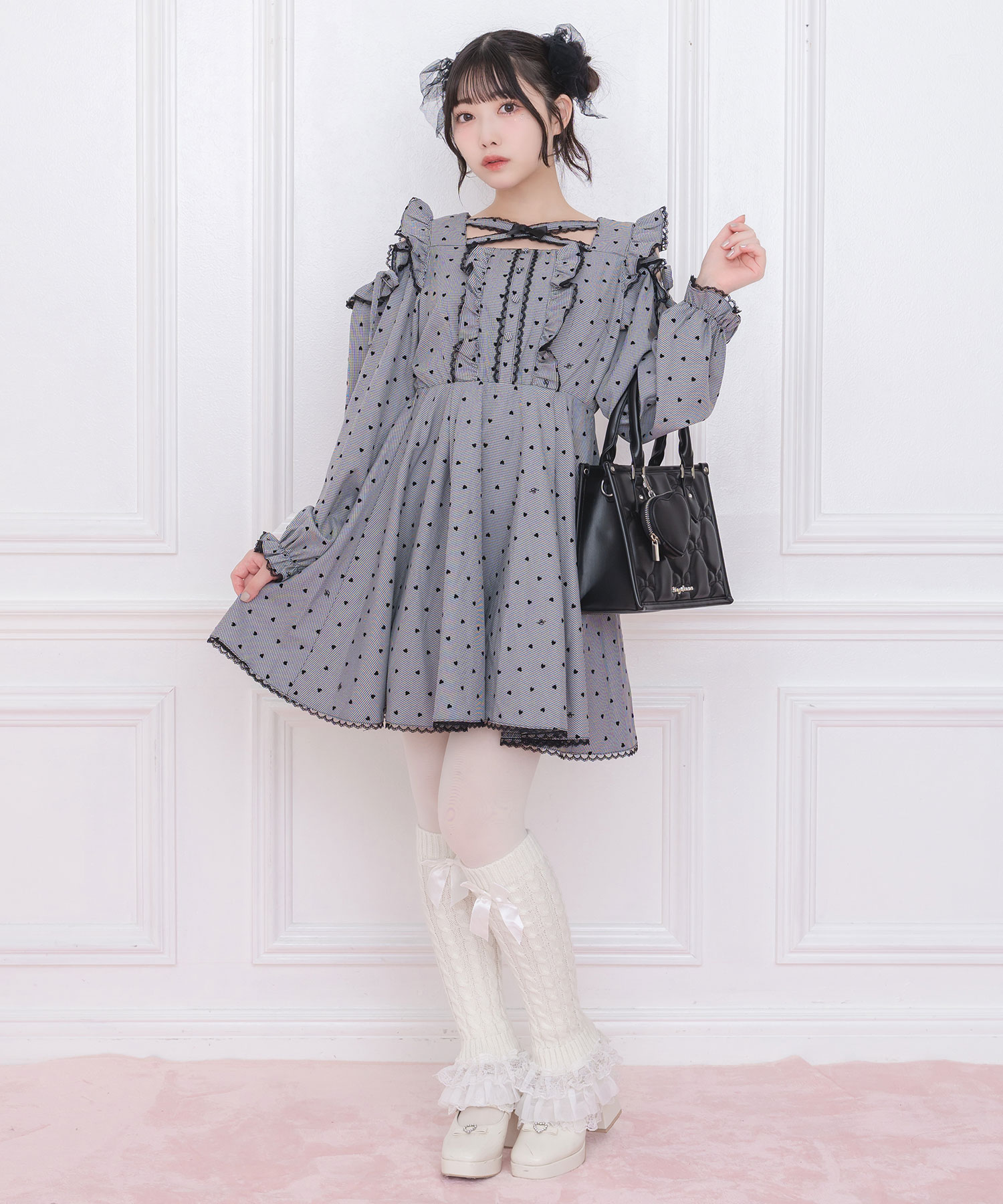 ハートポーチ付きリボンキルティングトート