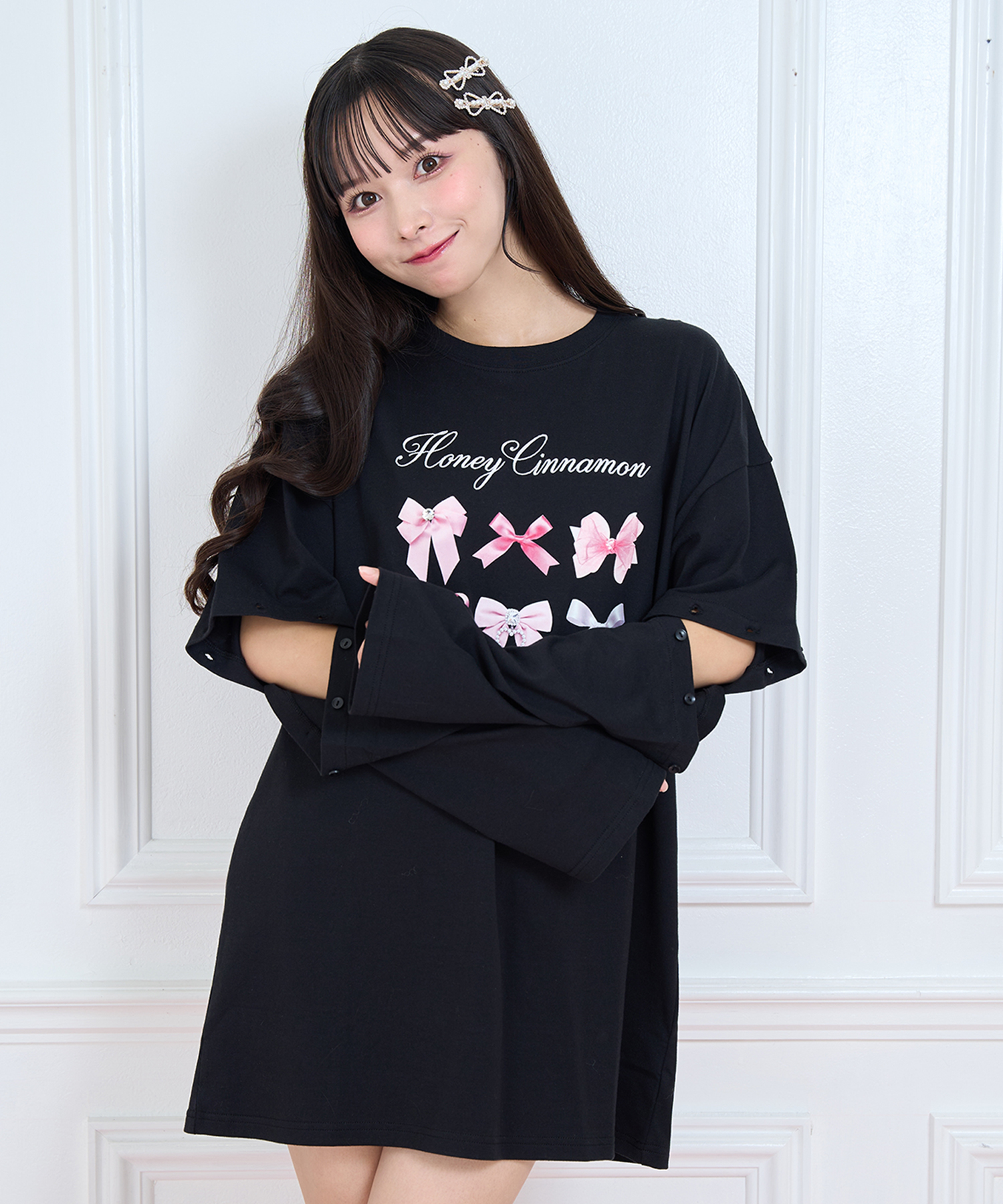 pink ribbon 袖スリットロンT