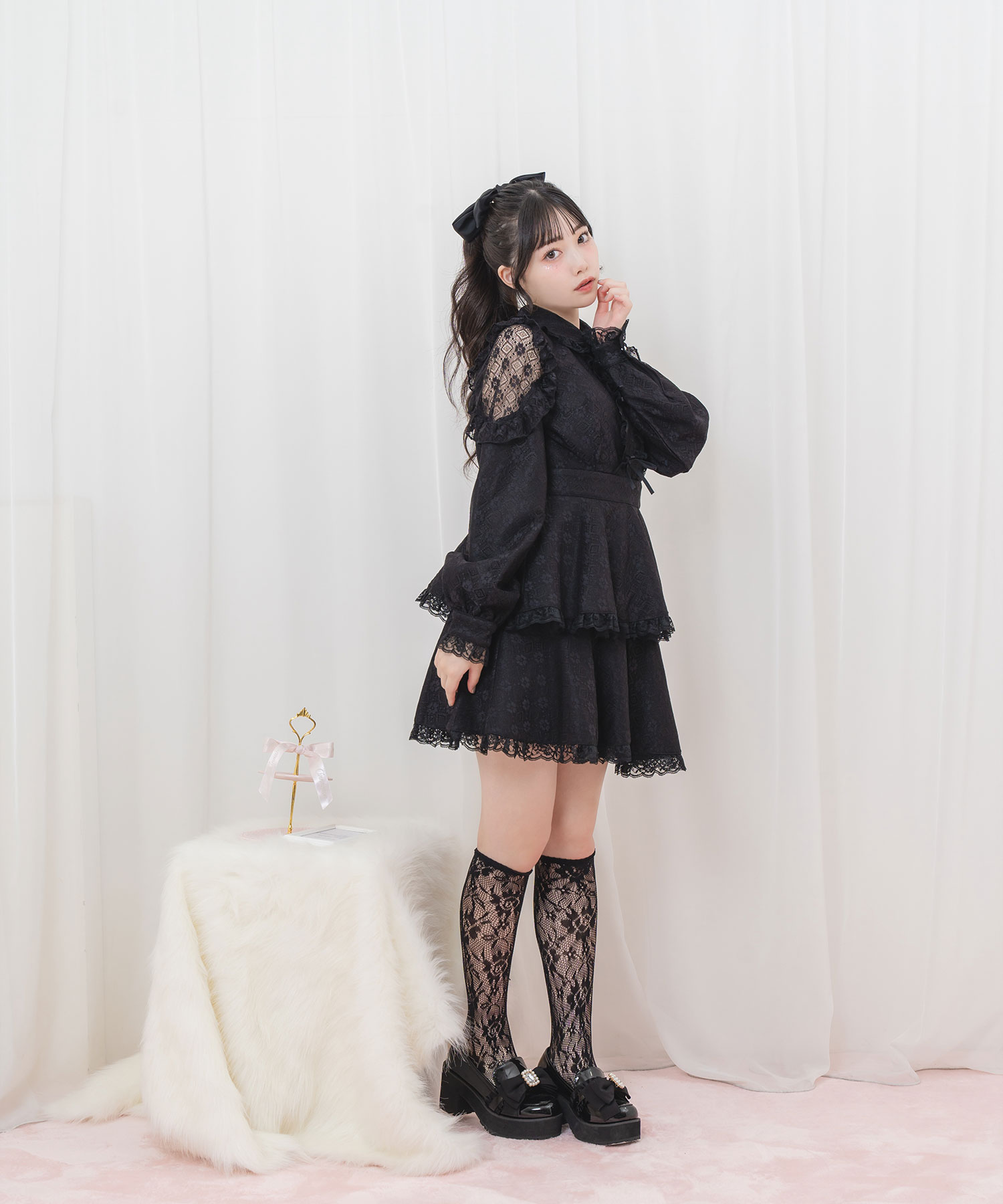 ルール ロジェット レース フリル パール フラワー ワンピース ブラック 1 ロジータ ROJITA ハートチャーム付きレースラッフルワンピース