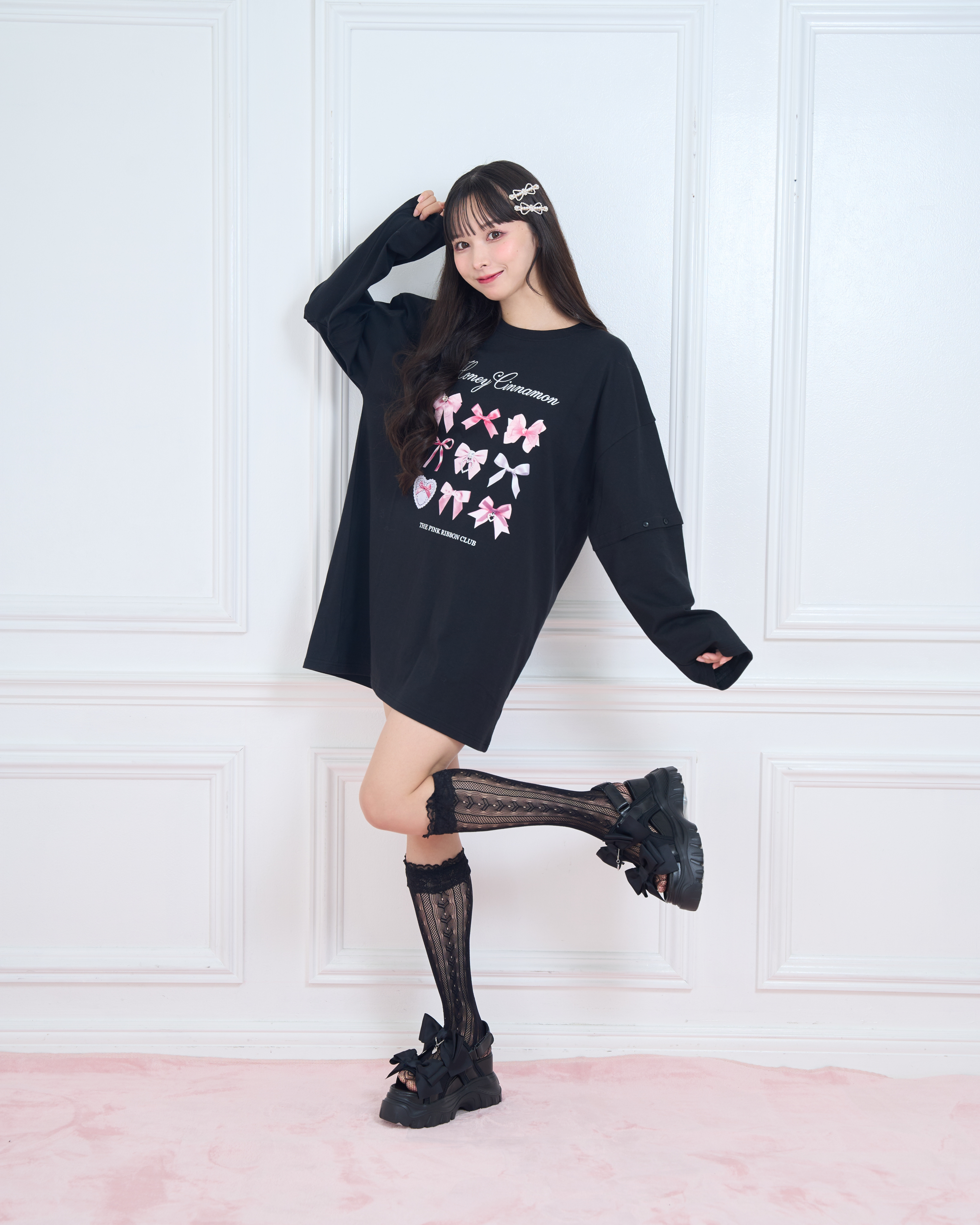 pink ribbon 袖スリットロンT