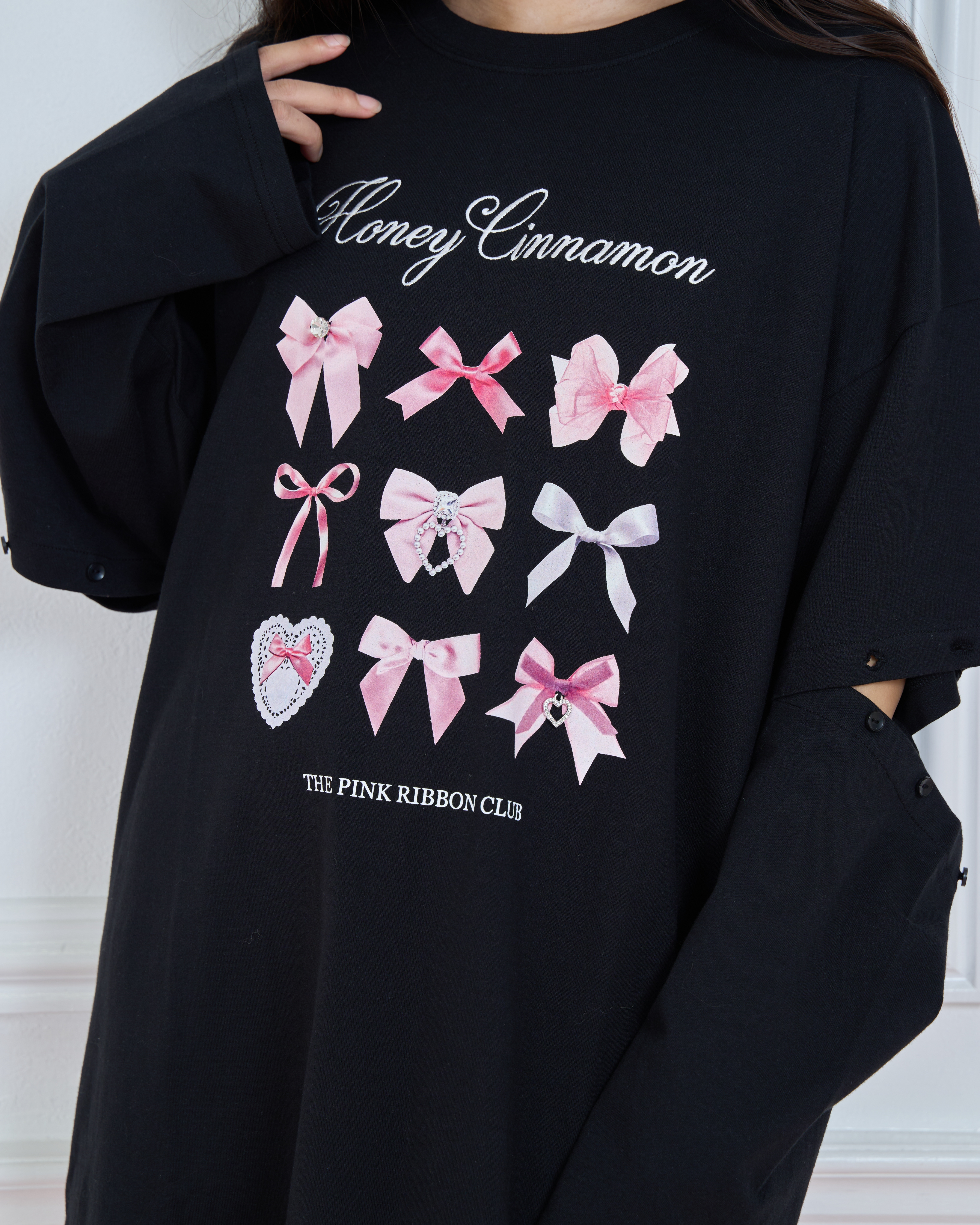 pink ribbon 袖スリットロンT