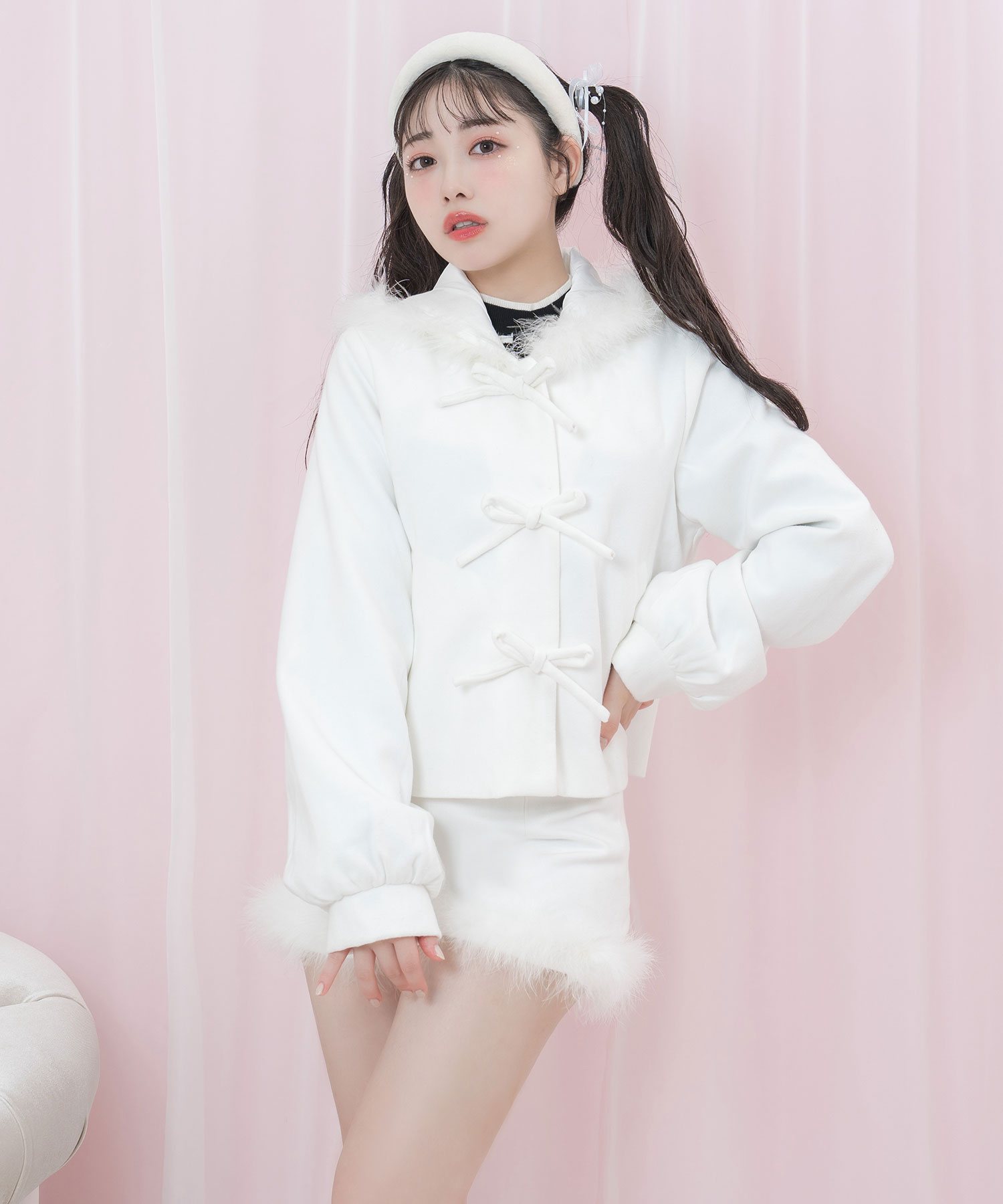 トリプルリボンフェザーコート ショートパンツ SET UP – BUNNY