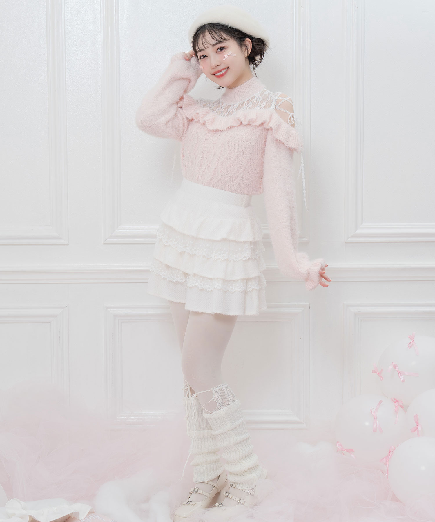 オフショルレースリボンニット