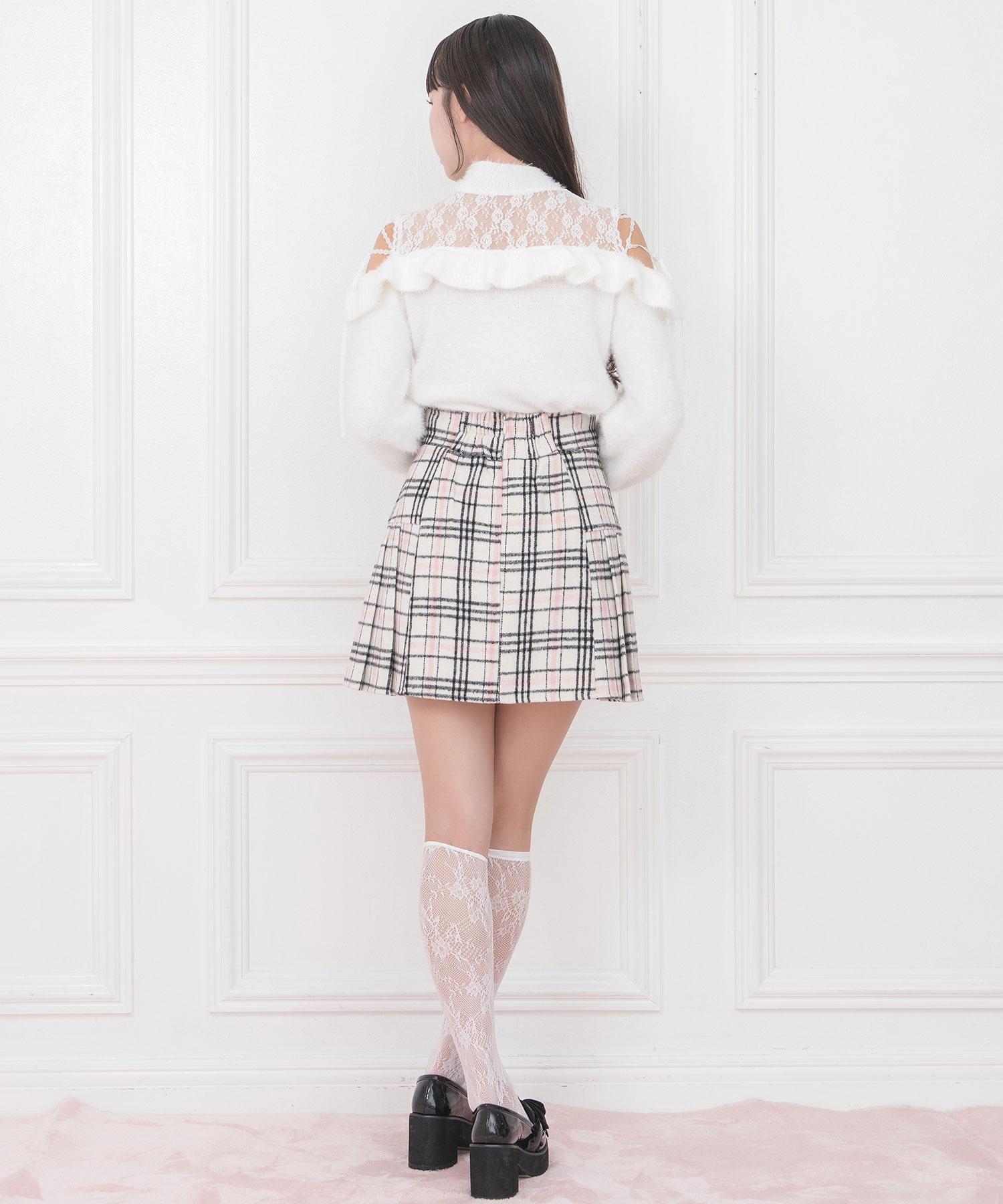 オフショルレースリボンニット