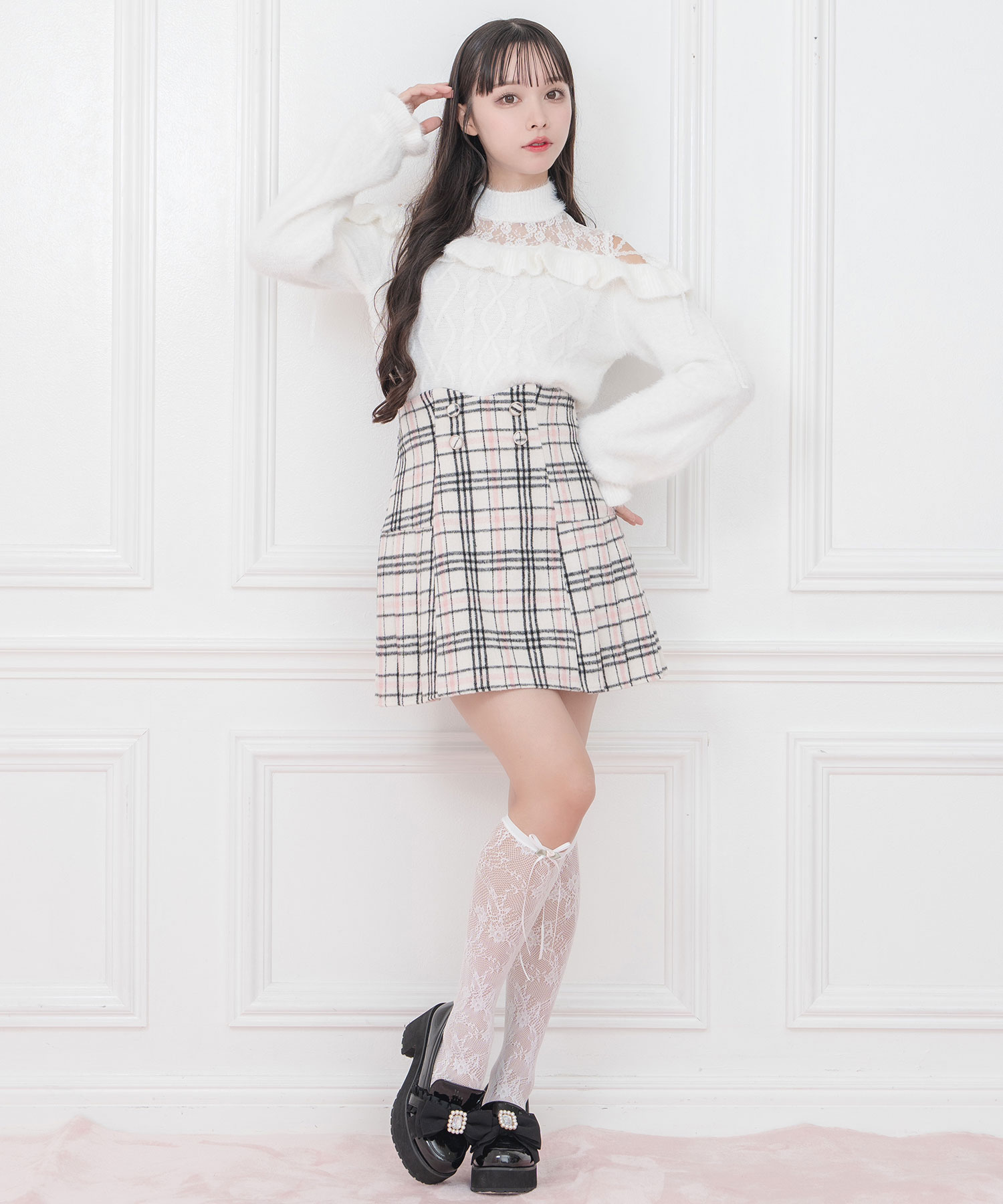 オフショルレースリボンニット