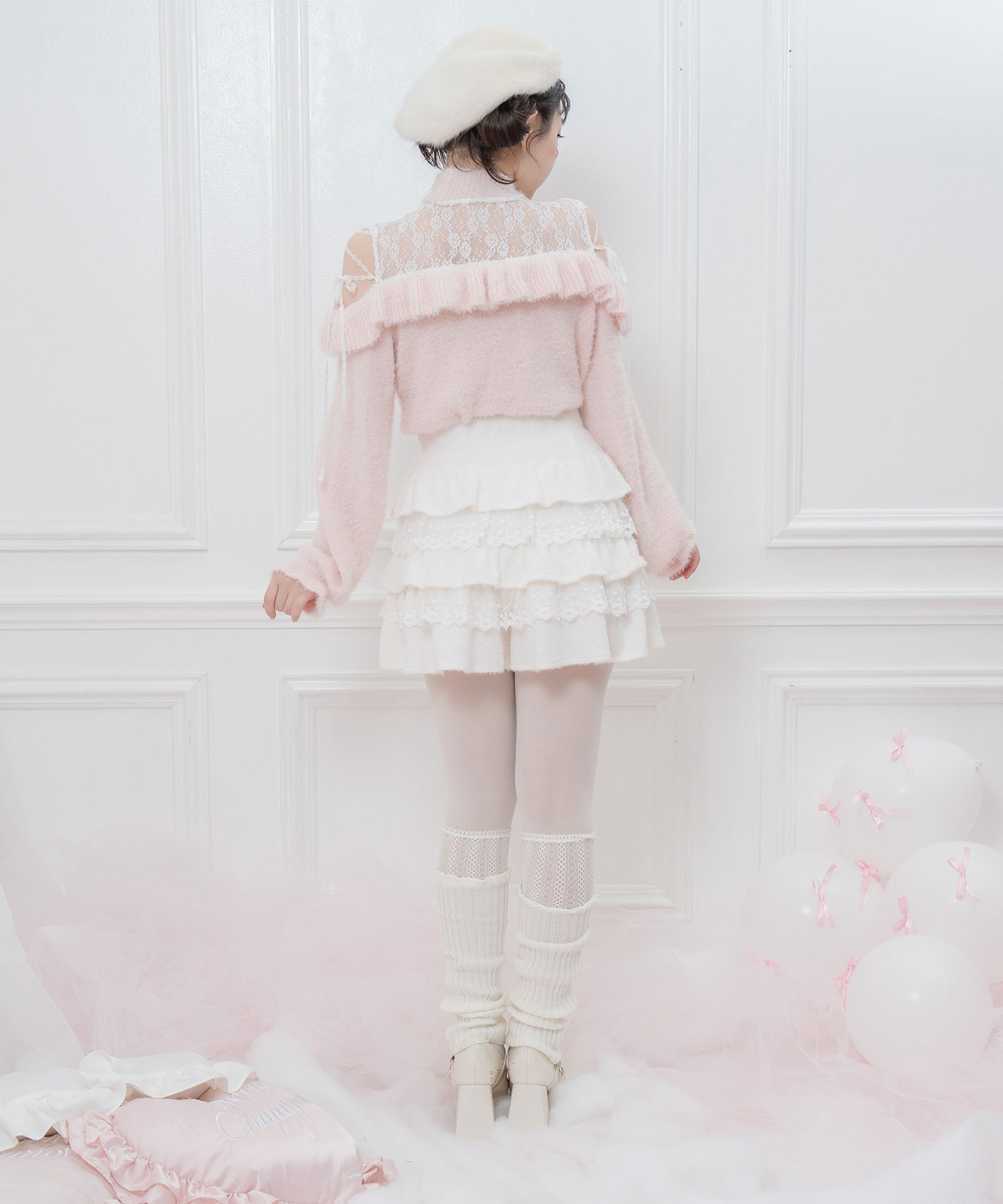 オフショルレースリボンニット