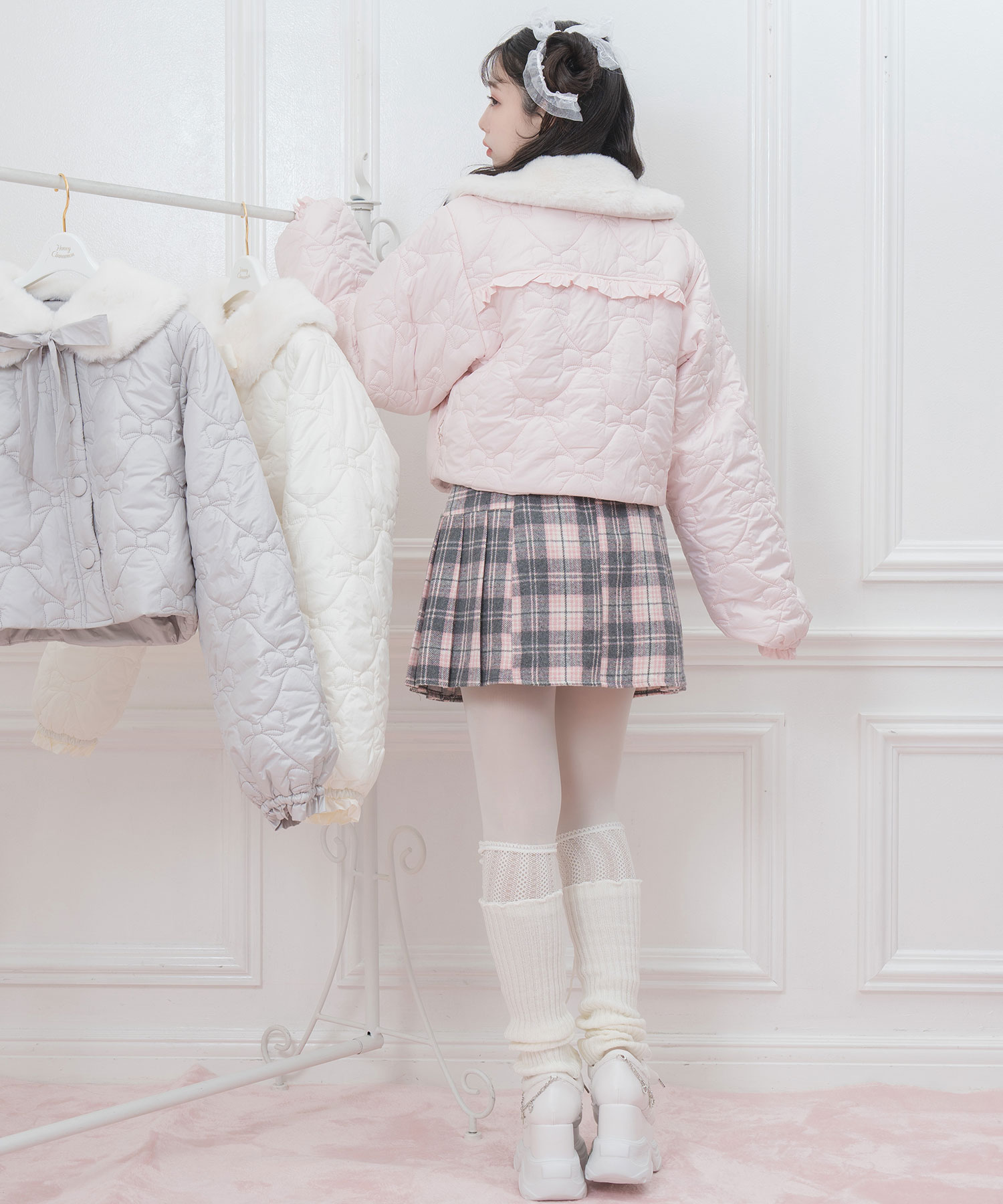 リボンキルトティペット付き中綿ジャケット