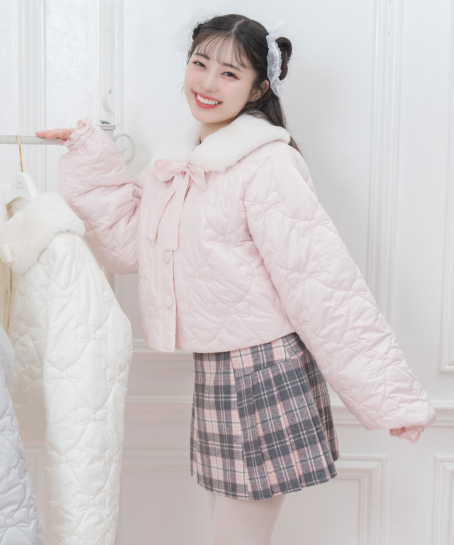 リボンキルトティペット付き中綿ジャケット