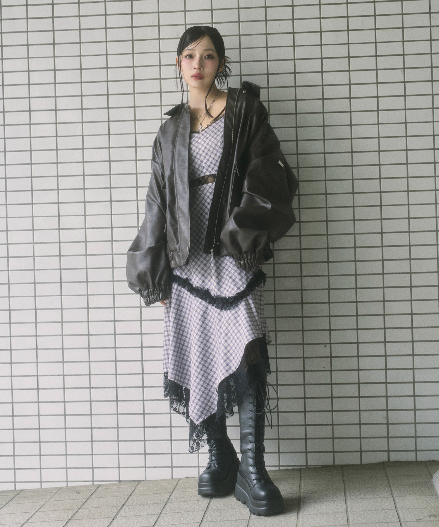 UNISEX フェイクレザーキルティングブルゾン