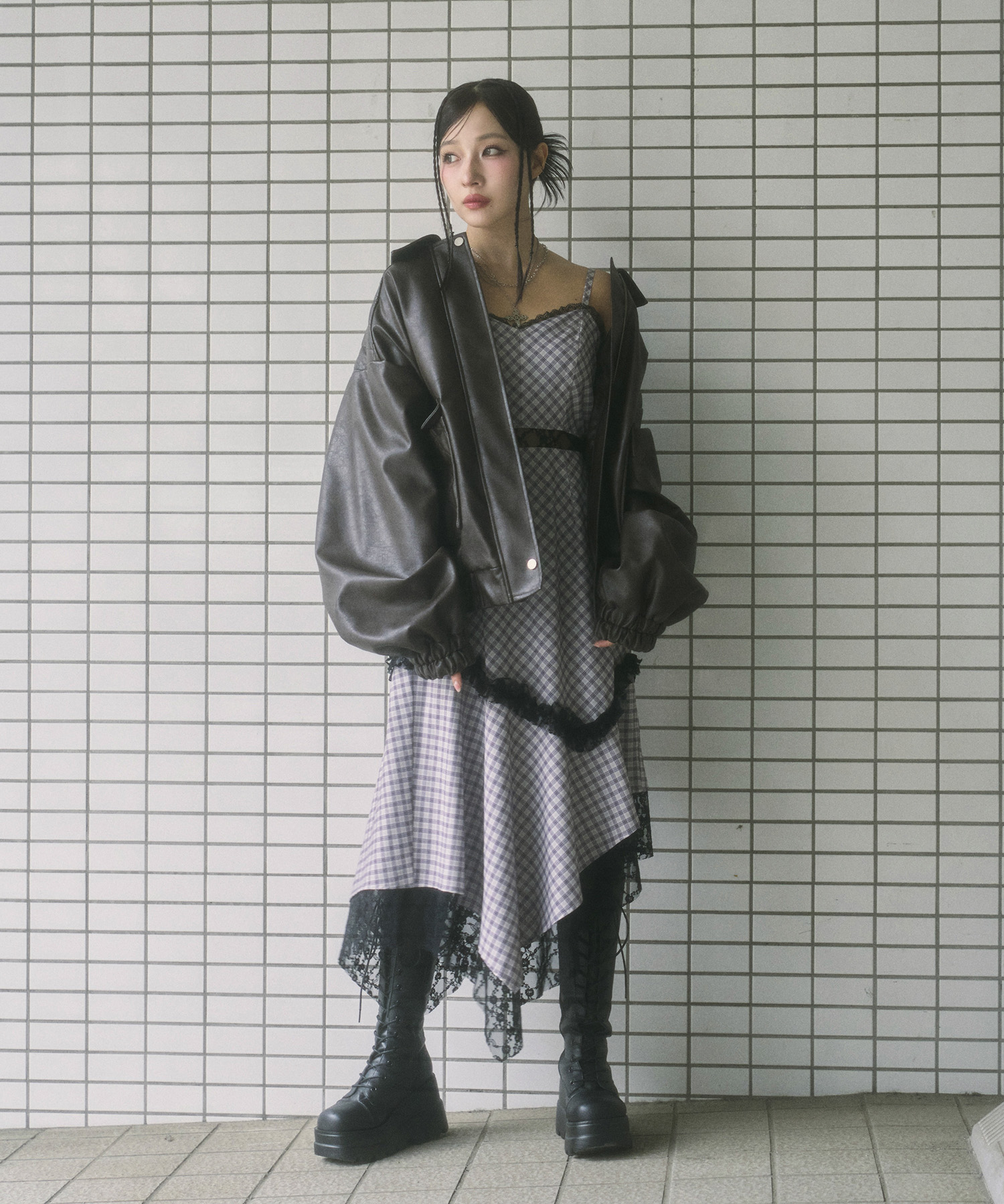 UNISEX フェイクレザーキルティングブルゾン