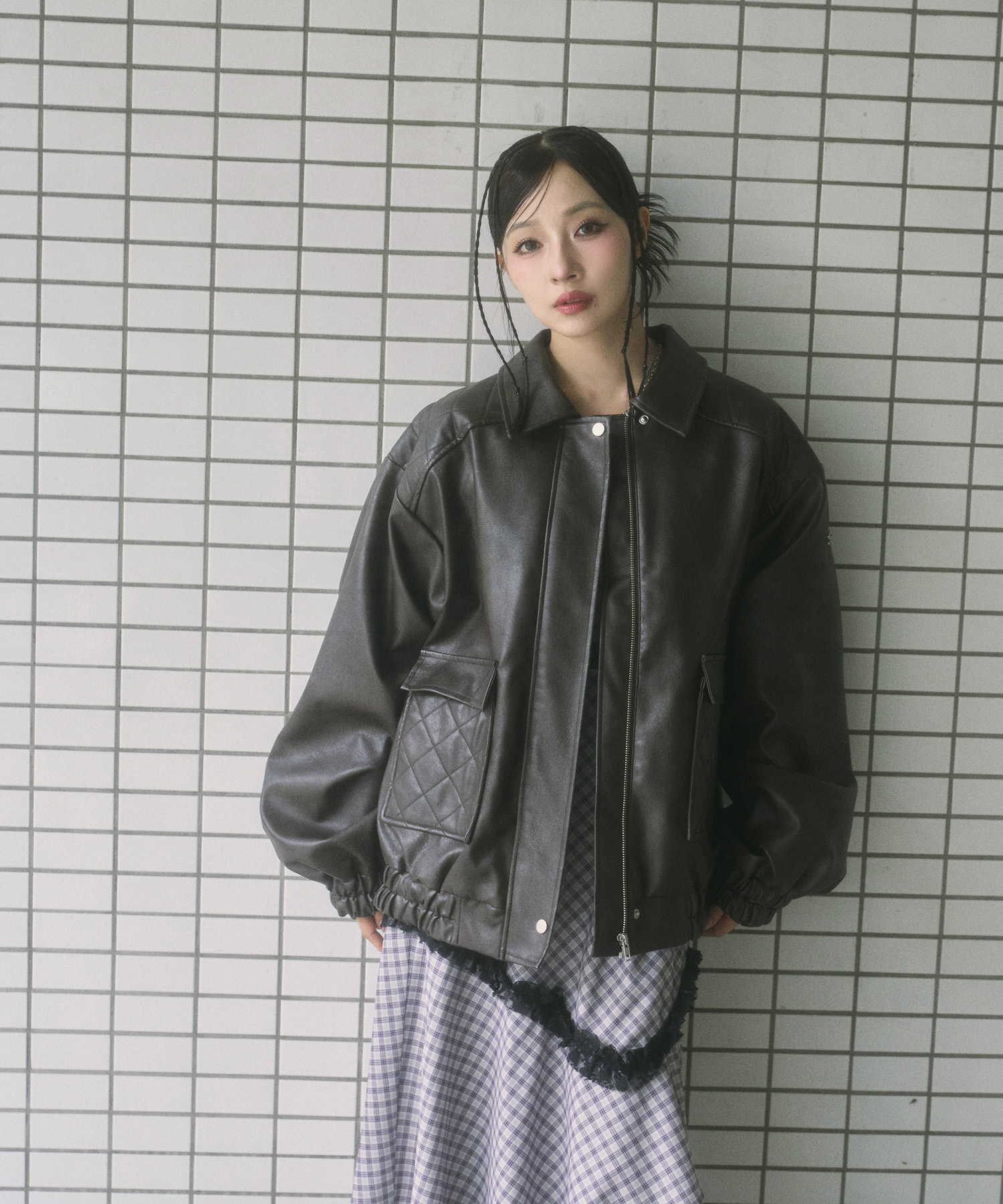 UNISEX フェイクレザーキルティングブルゾン