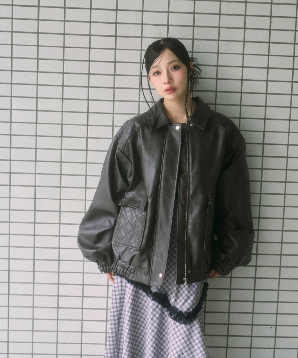 UNISEX フェイクレザーキルティングブルゾン