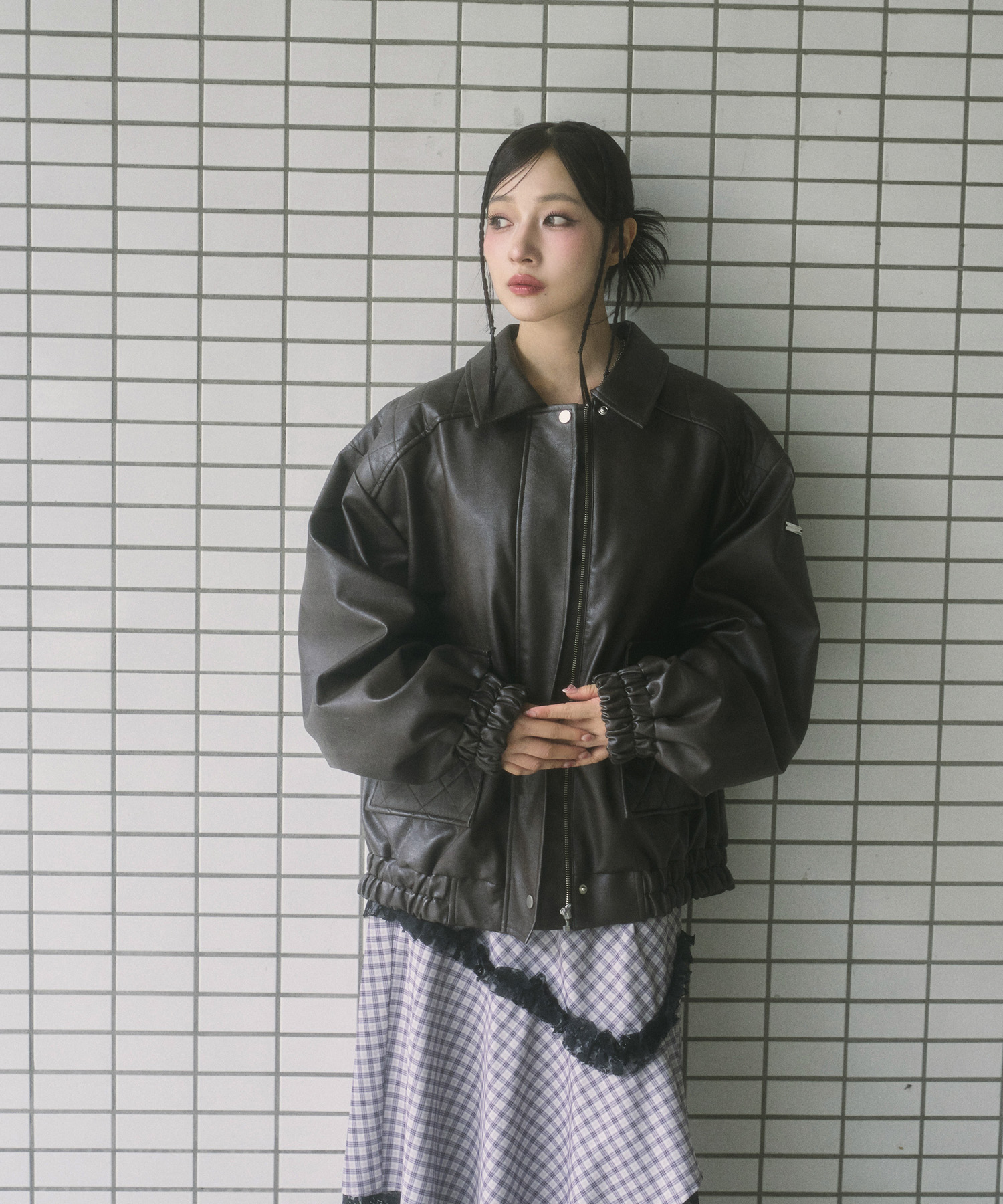UNISEX フェイクレザーキルティングブルゾン