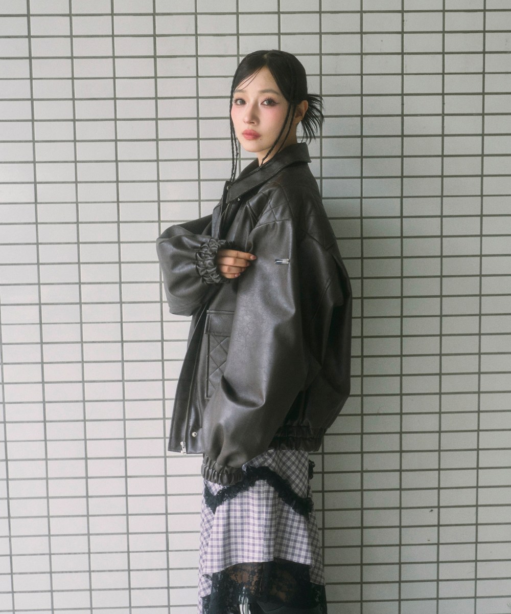 UNISEX フェイクレザーキルティングブルゾン