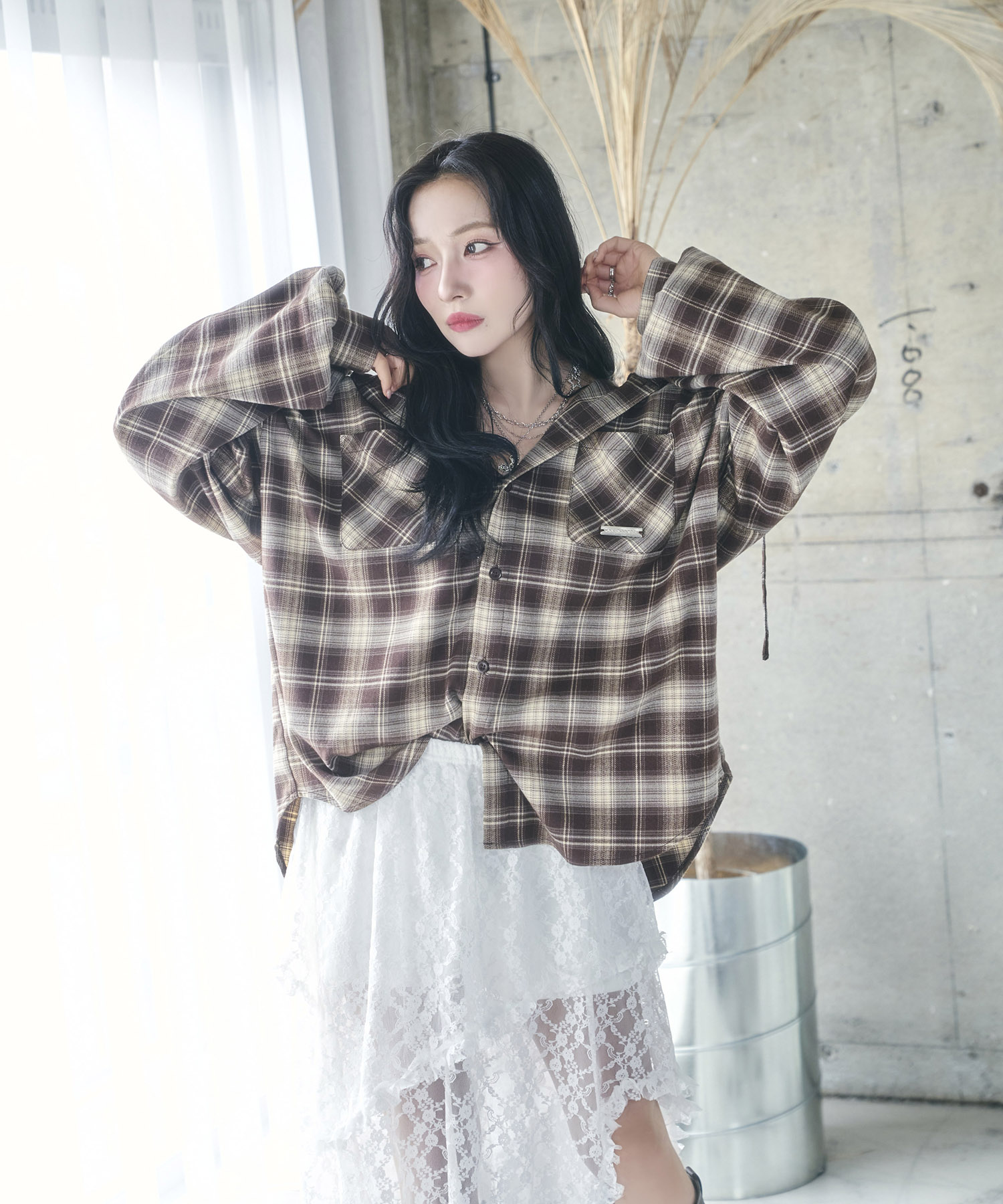 UNISEX チェックフーディシャツ