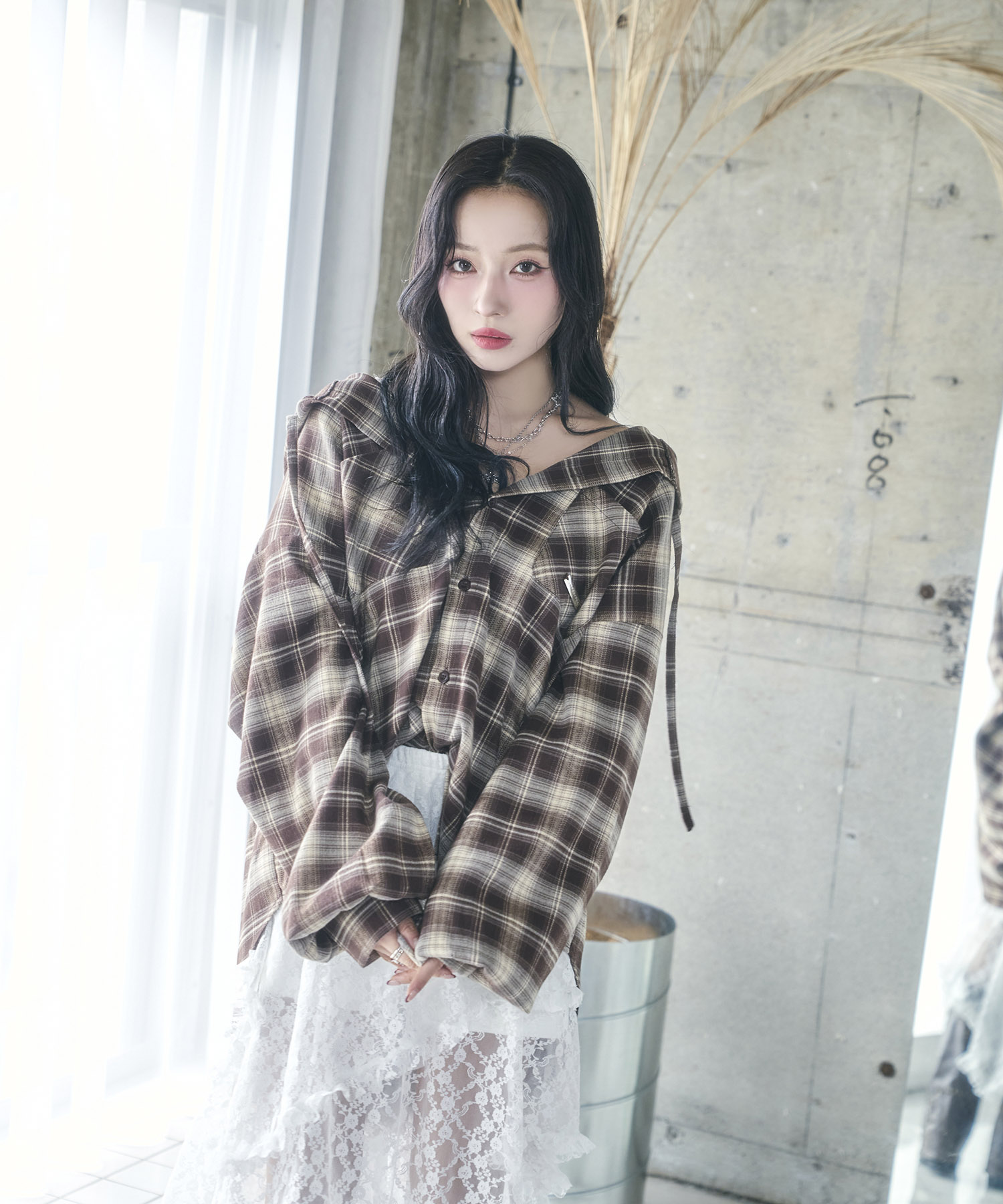 UNISEX チェックフーディシャツ