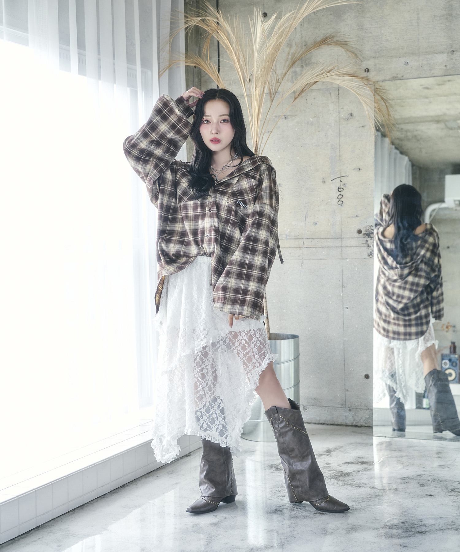 UNISEX チェックフーディシャツ