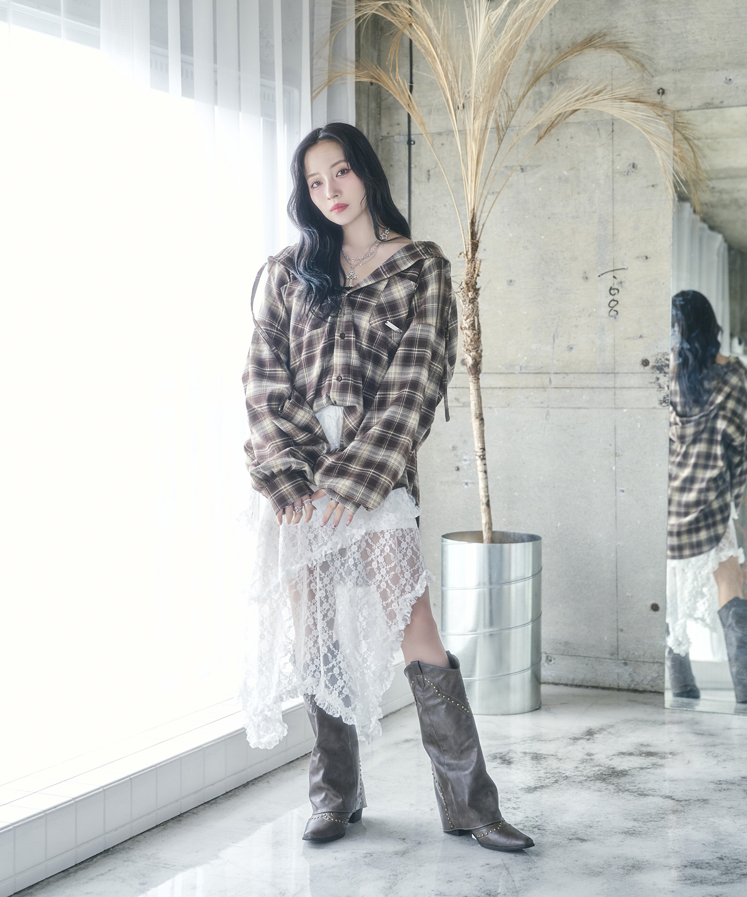 UNISEX チェックフーディシャツ