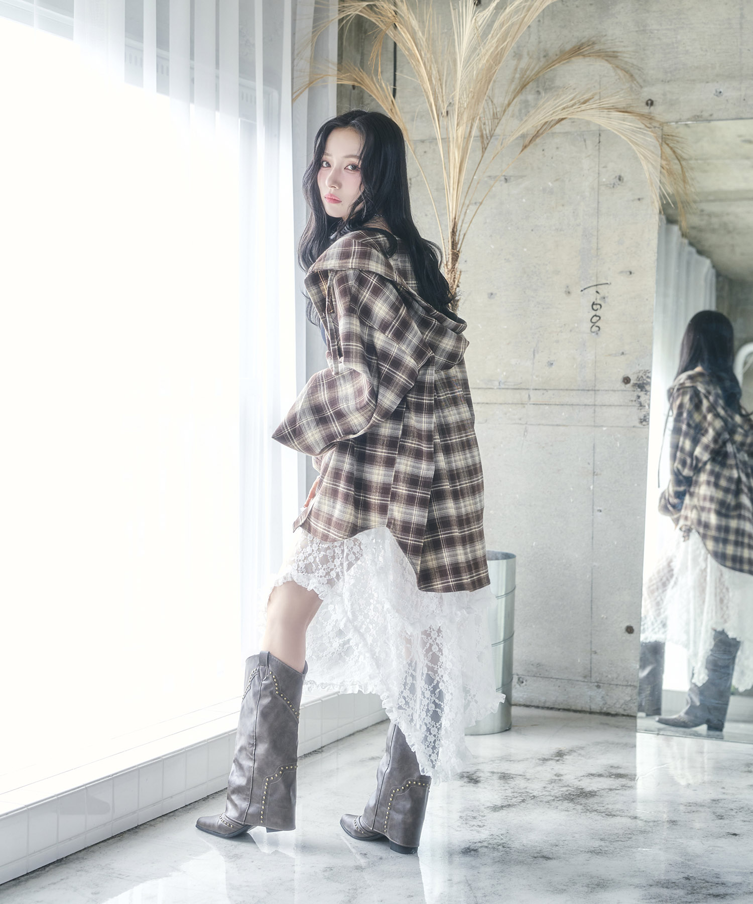 UNISEX チェックフーディシャツ