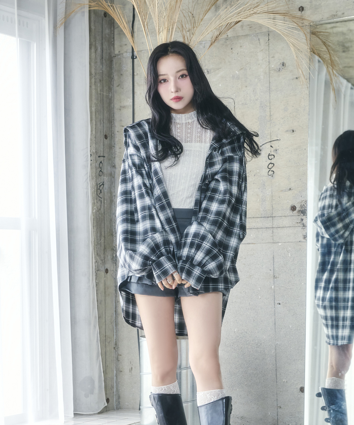 UNISEX チェックフーディシャツ