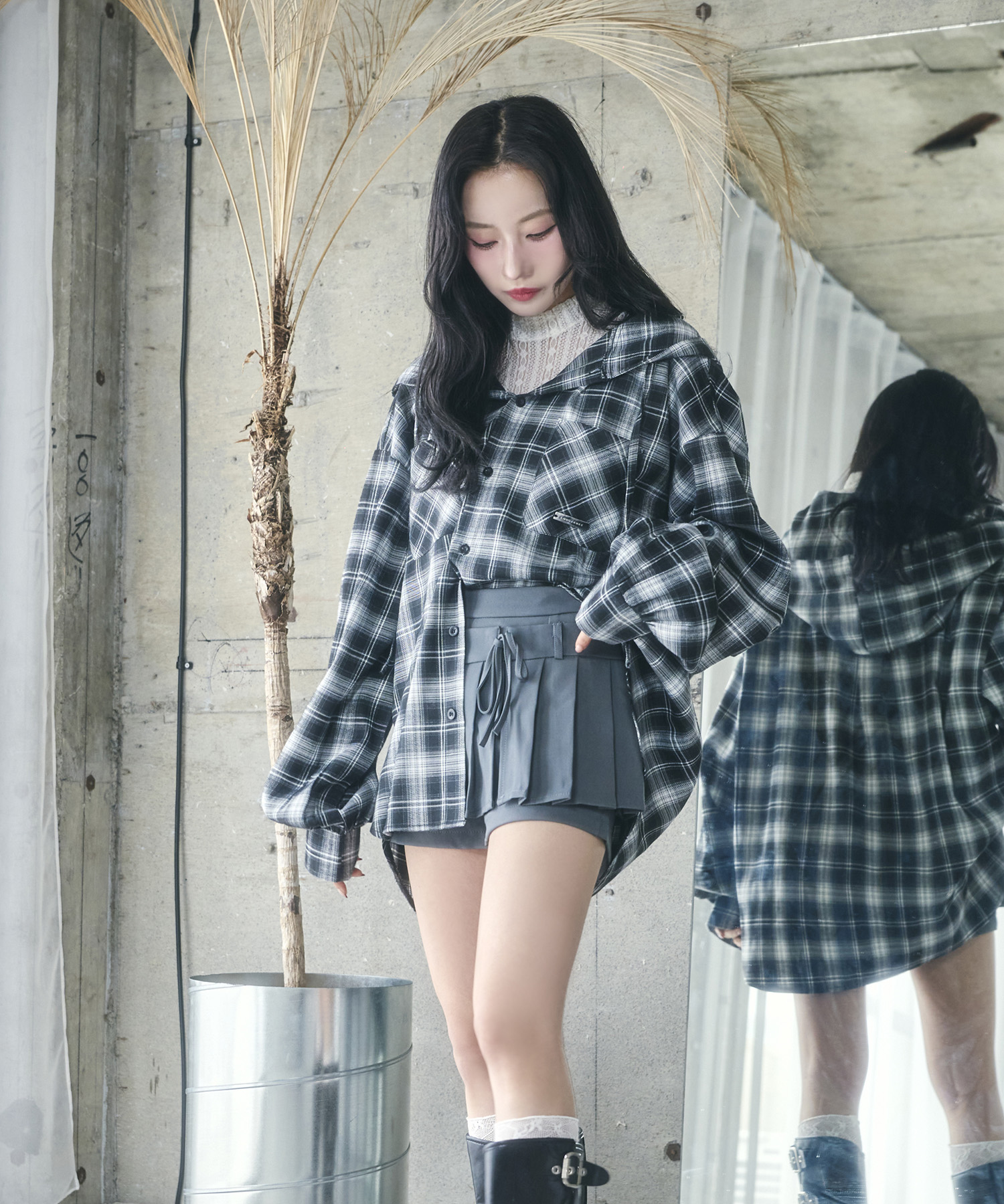 UNISEX チェックフーディシャツ