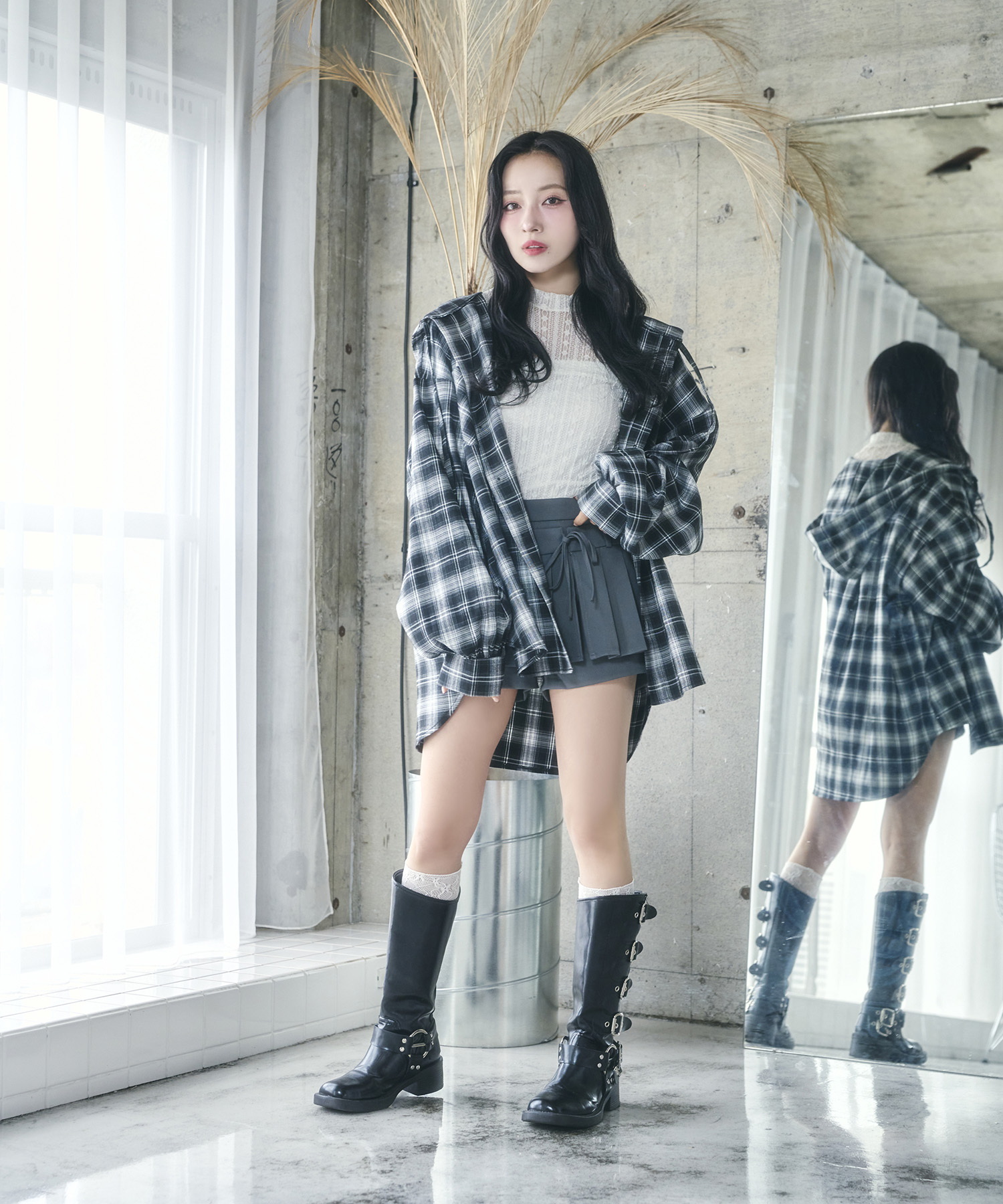 UNISEX チェックフーディシャツ