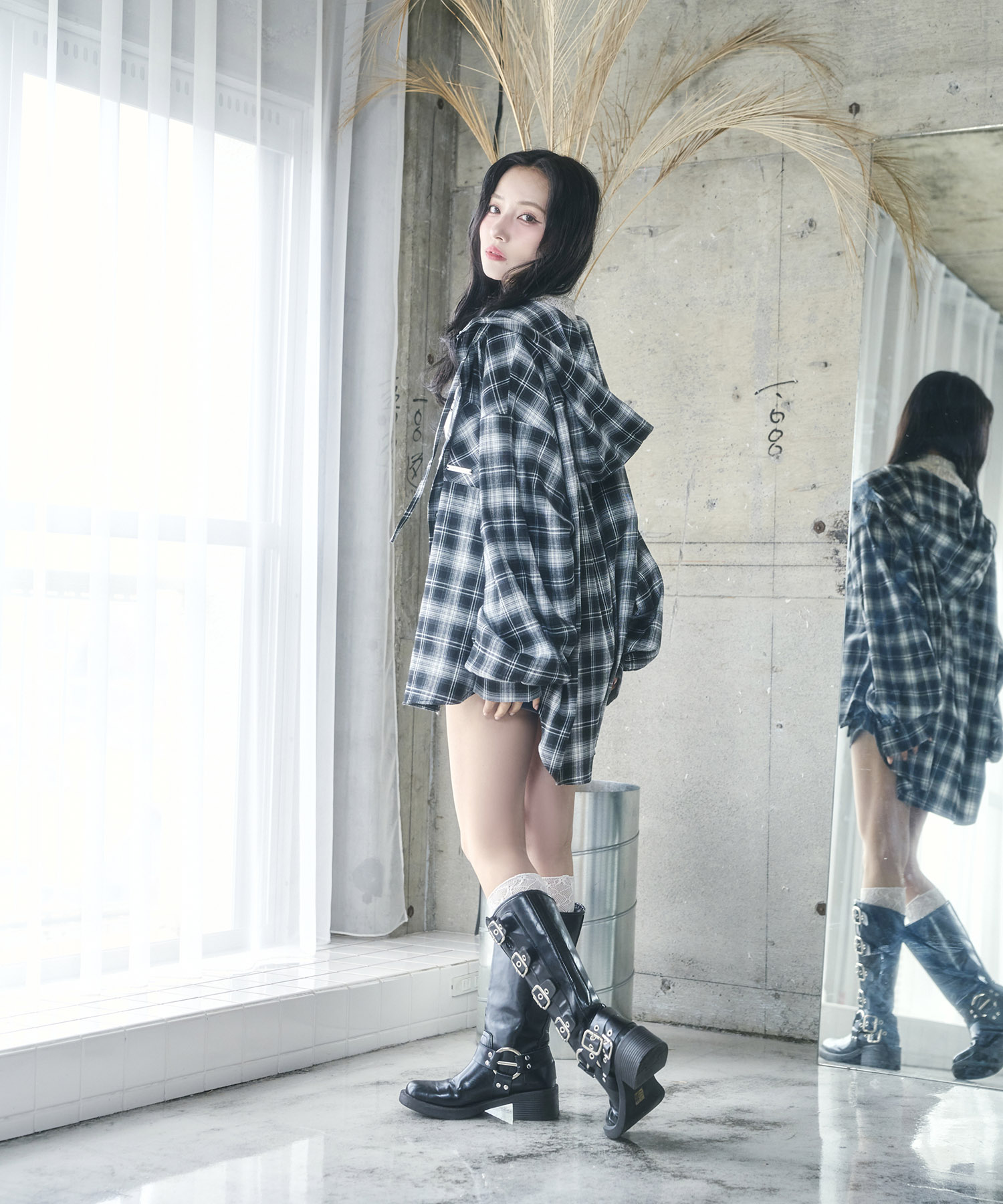 UNISEX チェックフーディシャツ