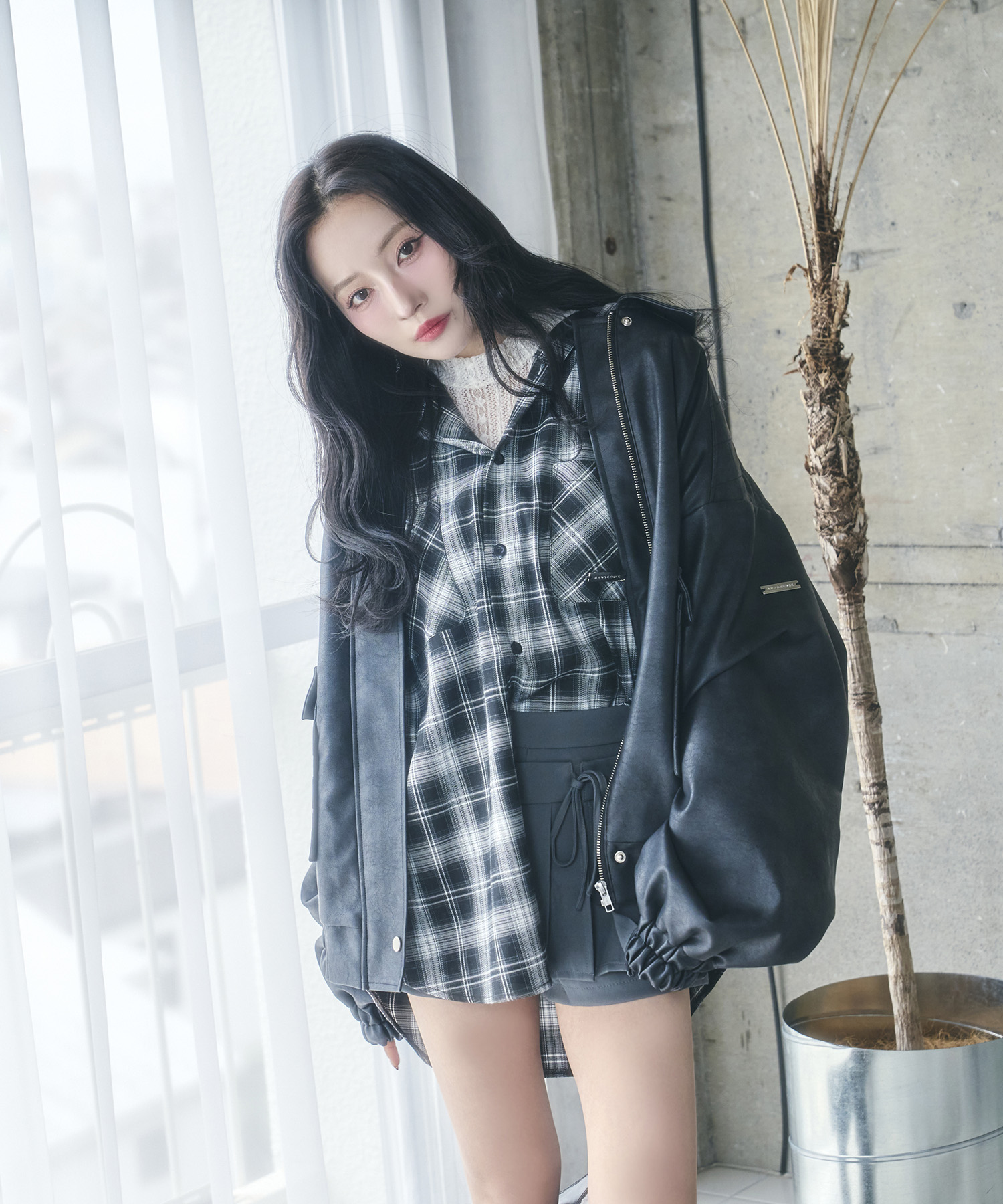 UNISEX チェックフーディシャツ