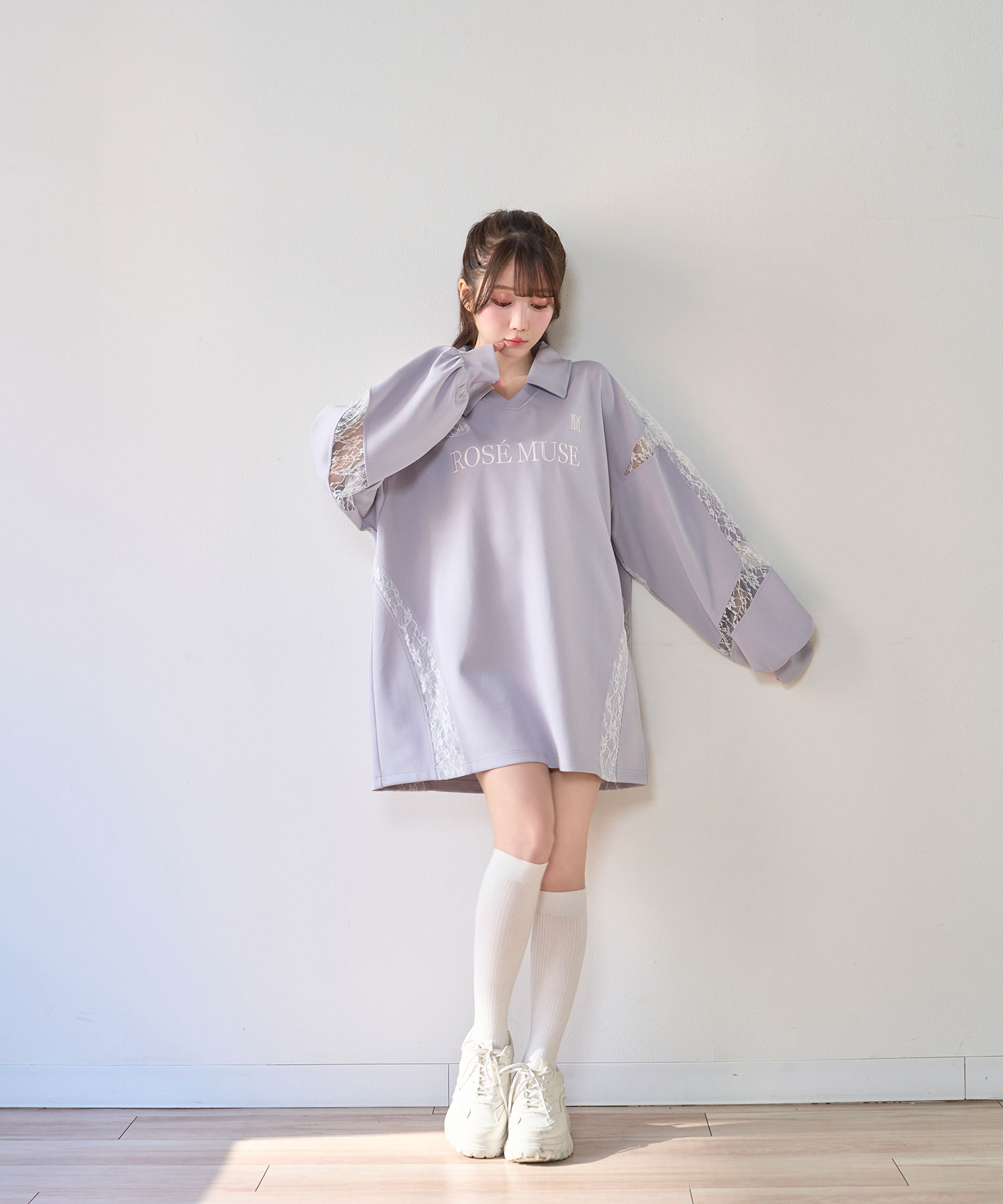 【Lサイズ】フラワーミューズブラウス lace point over size uniform L/S polo – BUNNY APARTMENT