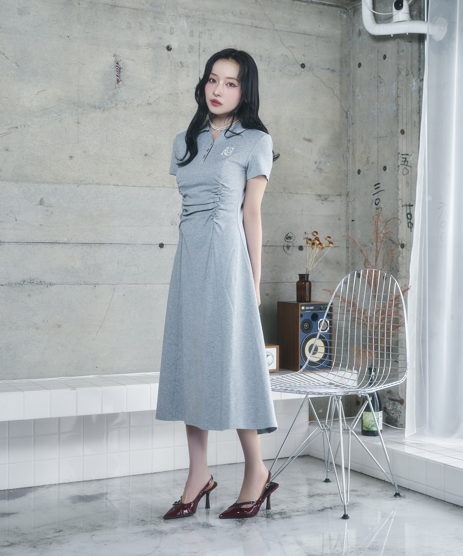 ギャザーポロロングワンピ