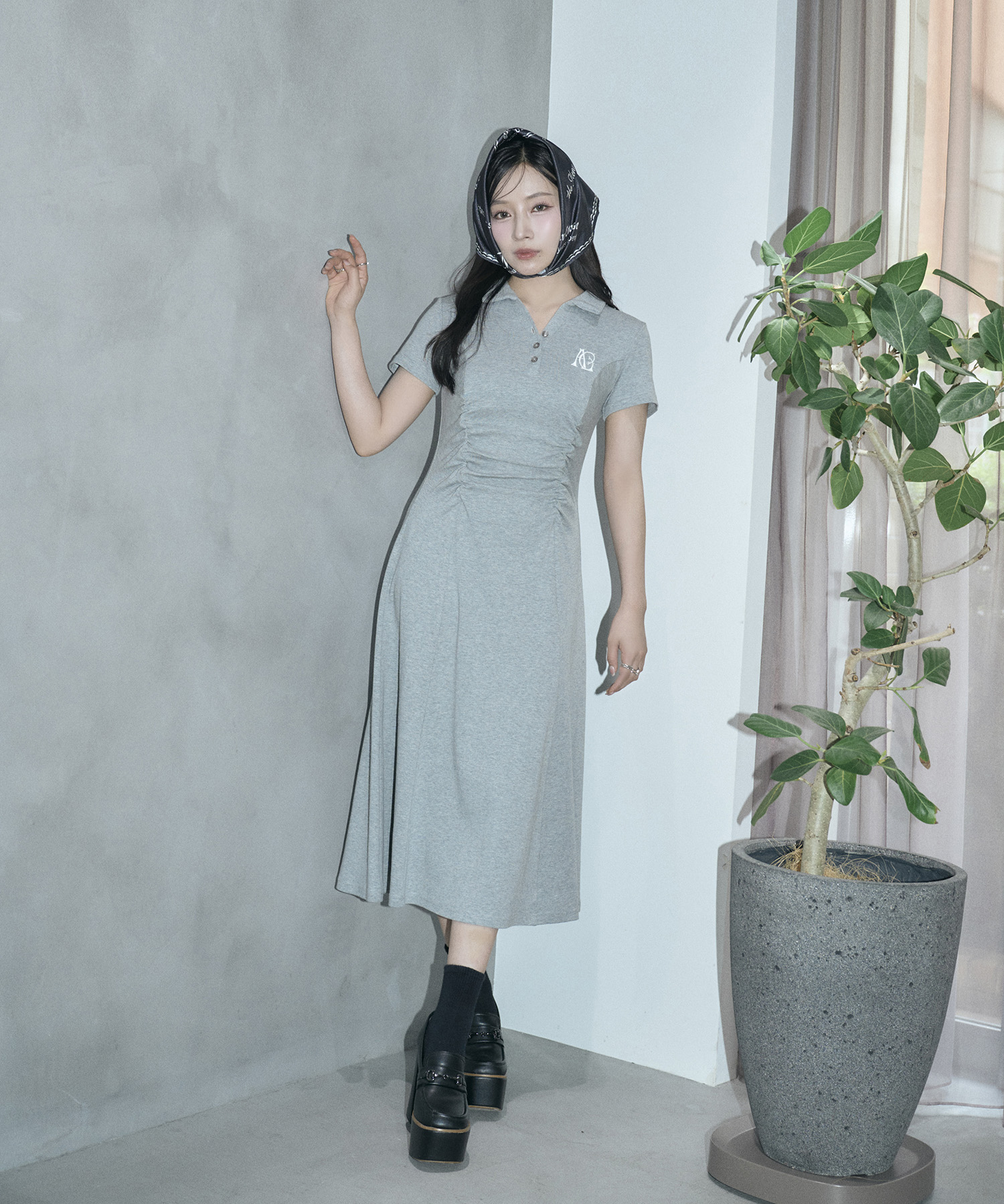 ギャザーポロロングワンピ