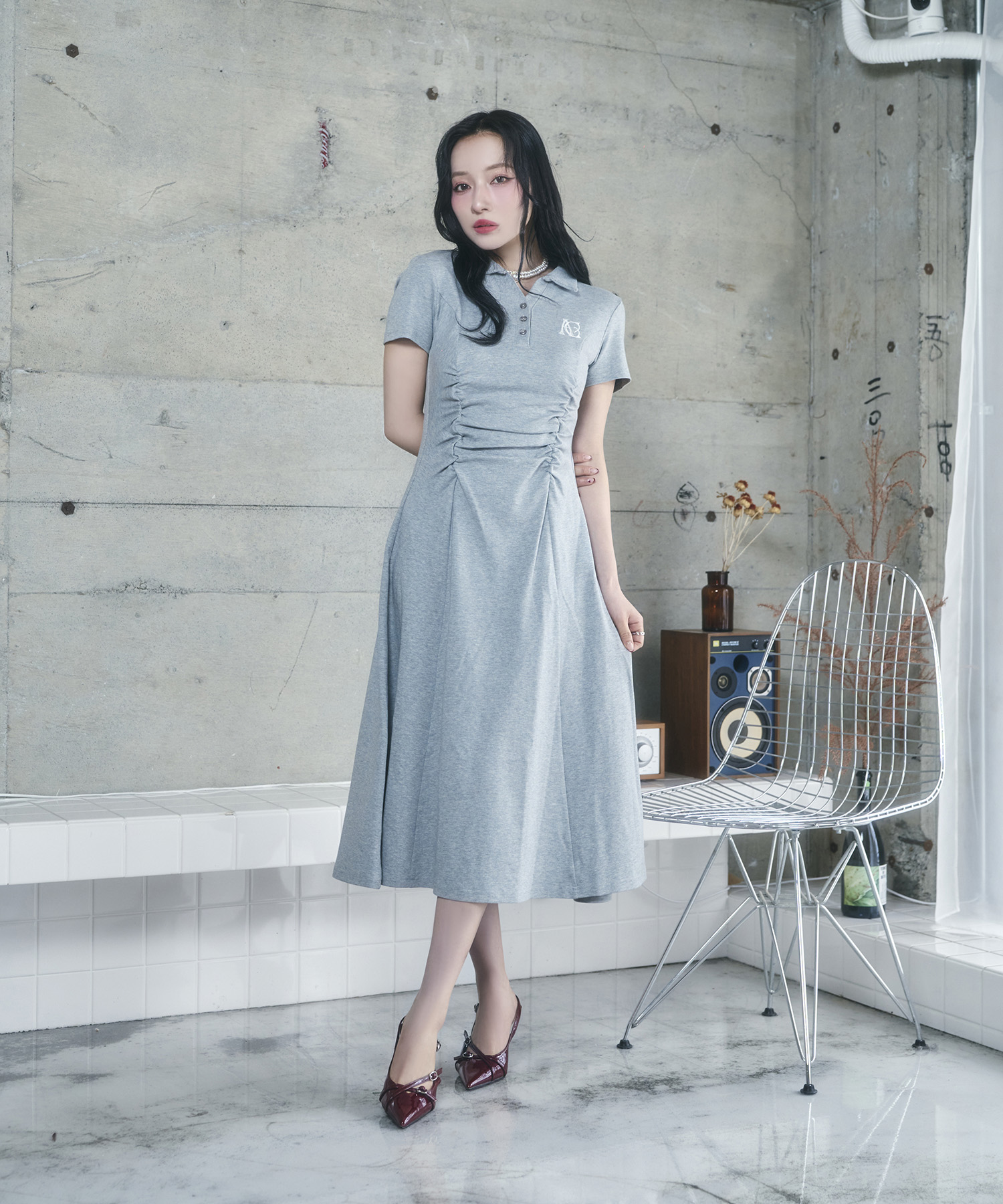 ギャザーポロロングワンピ