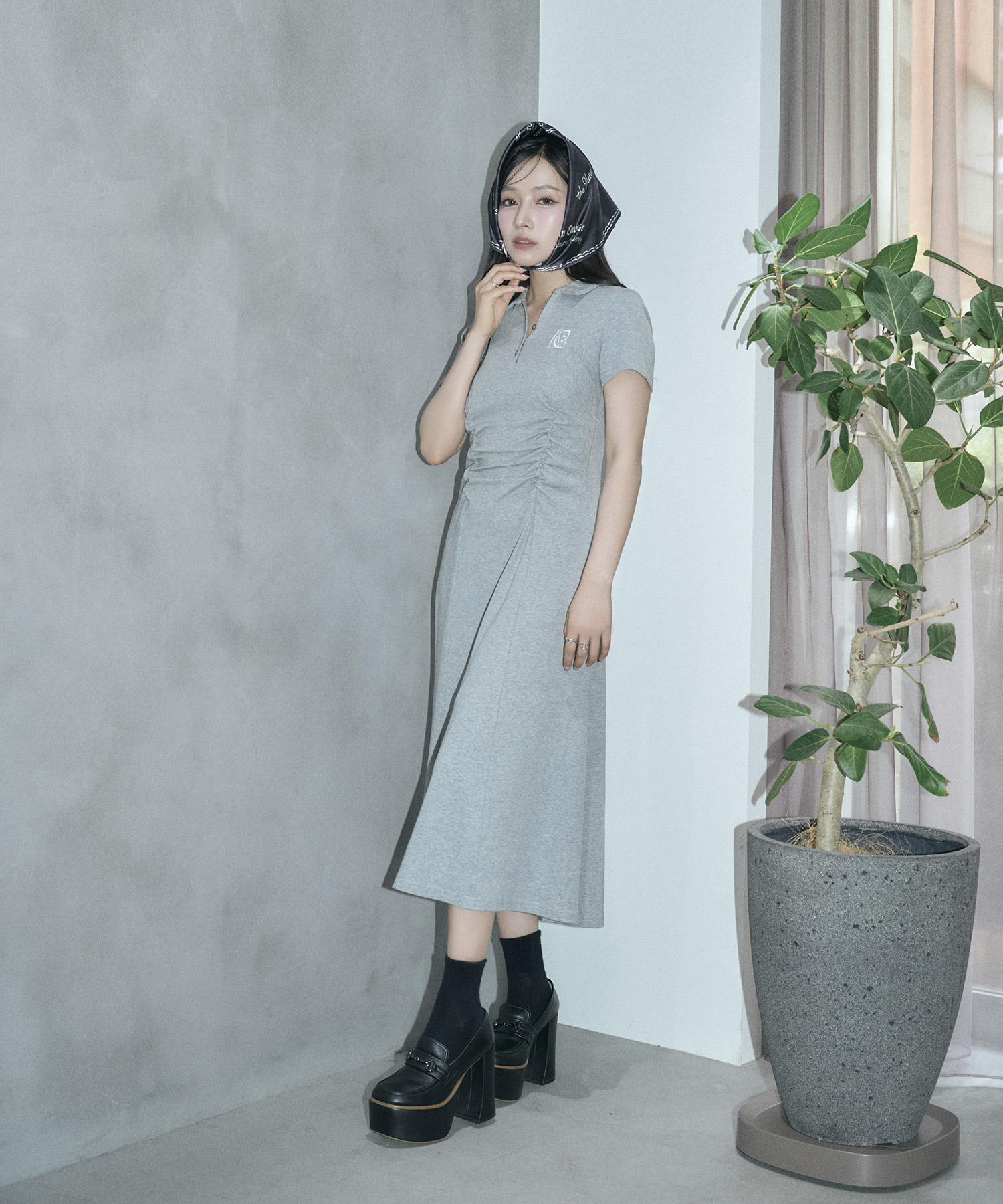 ギャザーポロロングワンピ