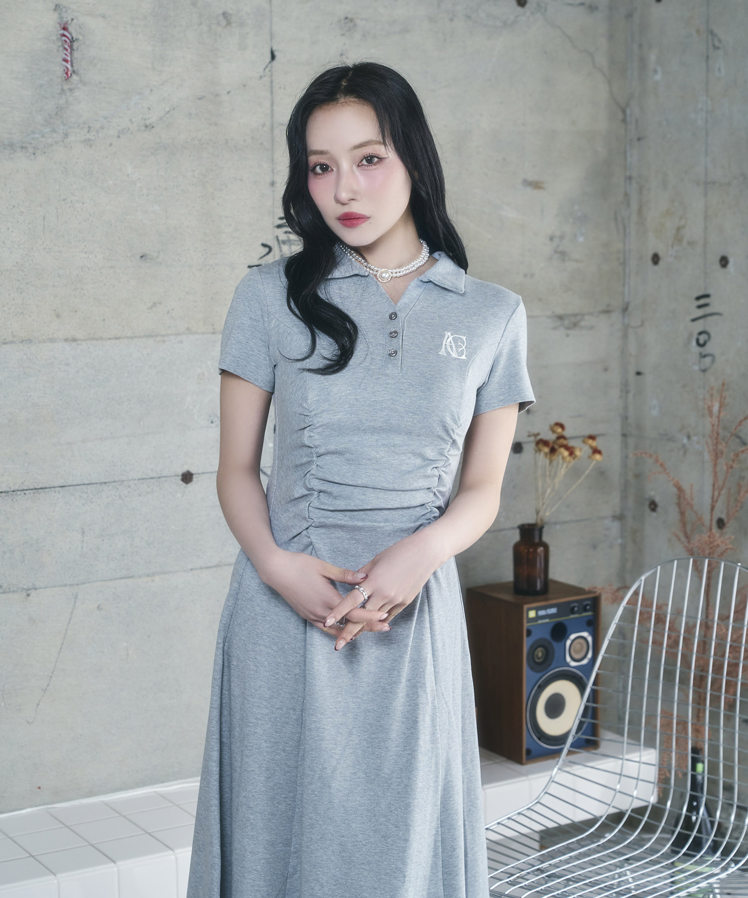 ギャザーポロロングワンピ