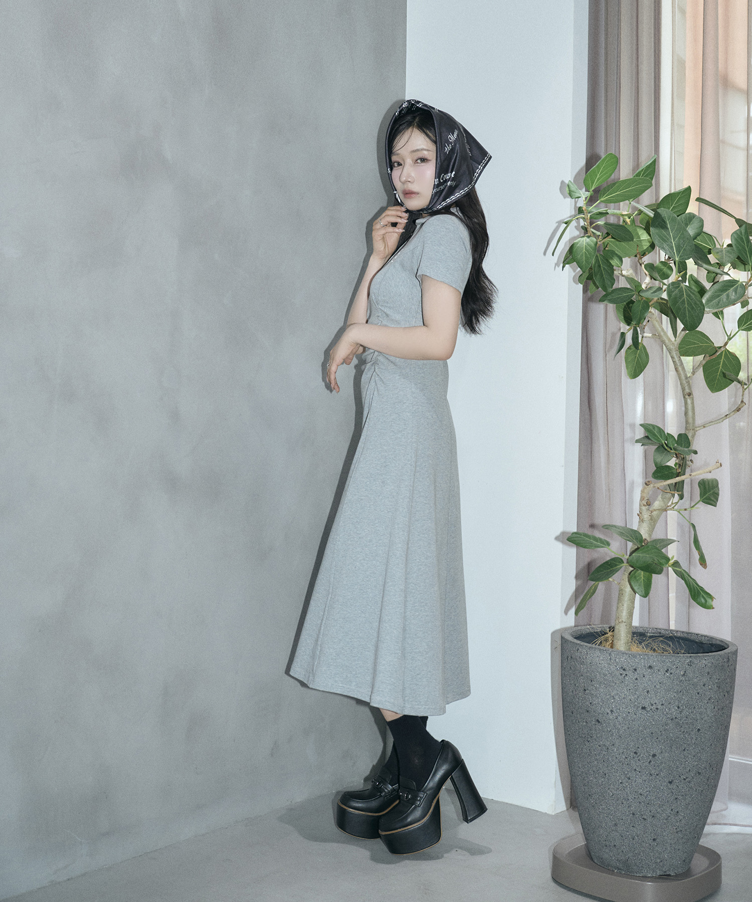 ギャザーポロロングワンピ