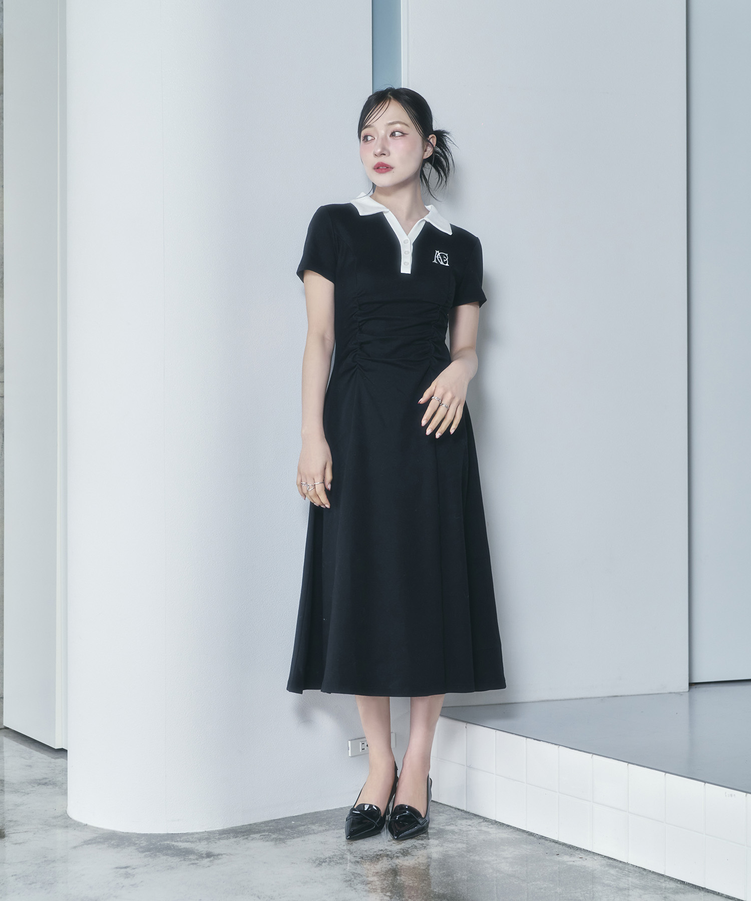 ギャザーポロロングワンピ